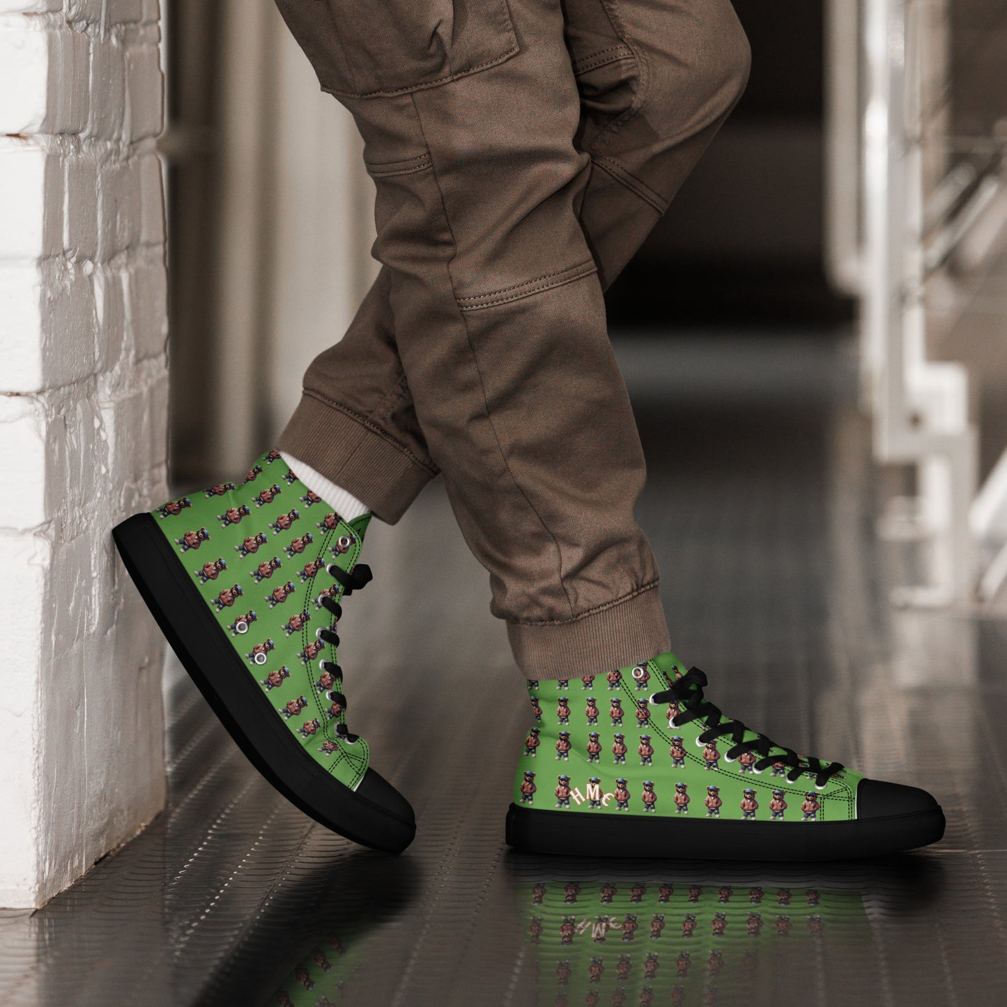 HME Bear Logo Collection Green Men’s high top canvas shoes