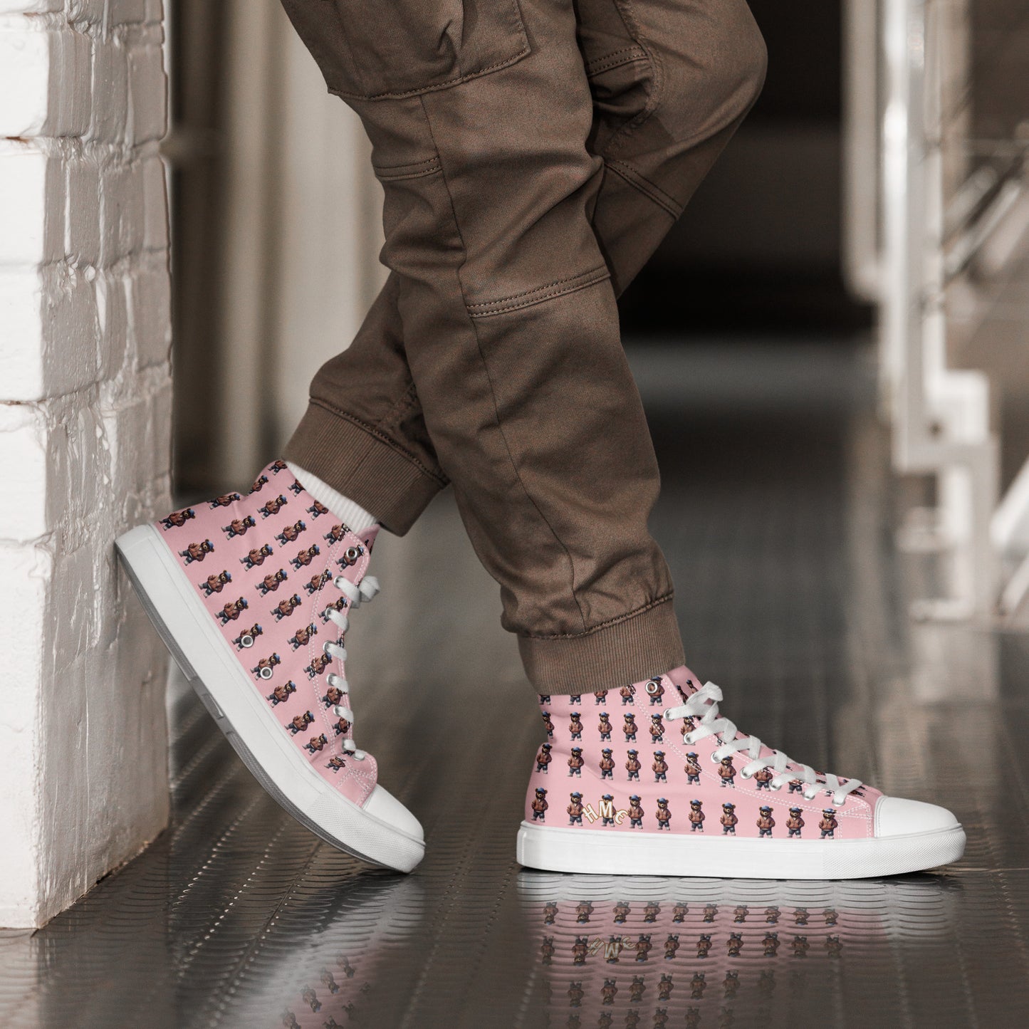 HME Bear Logo Pink Men’s high top canvas shoes