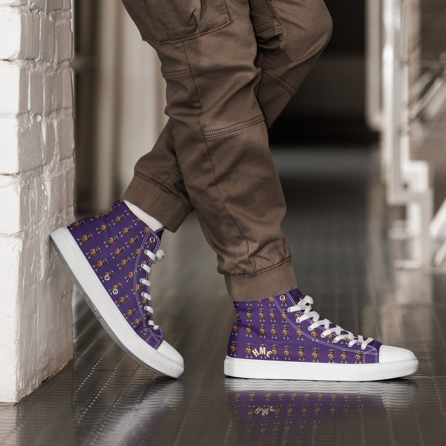 HME Bear Logo Purple Men’s high top canvas shoes