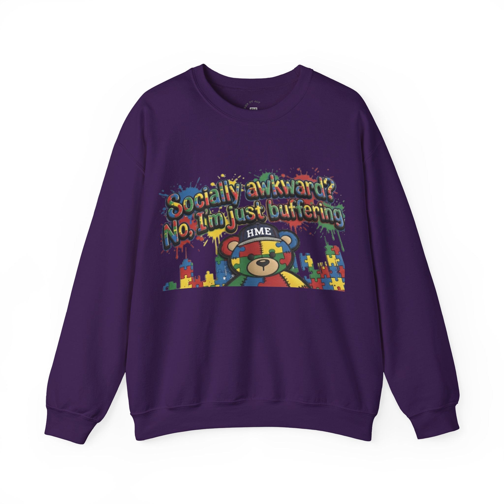 Autism Awareness Crewneck Sweatshirt — "Socially Awkward? No, I’m Just Buffering" Colorful Puzzle Bear Design