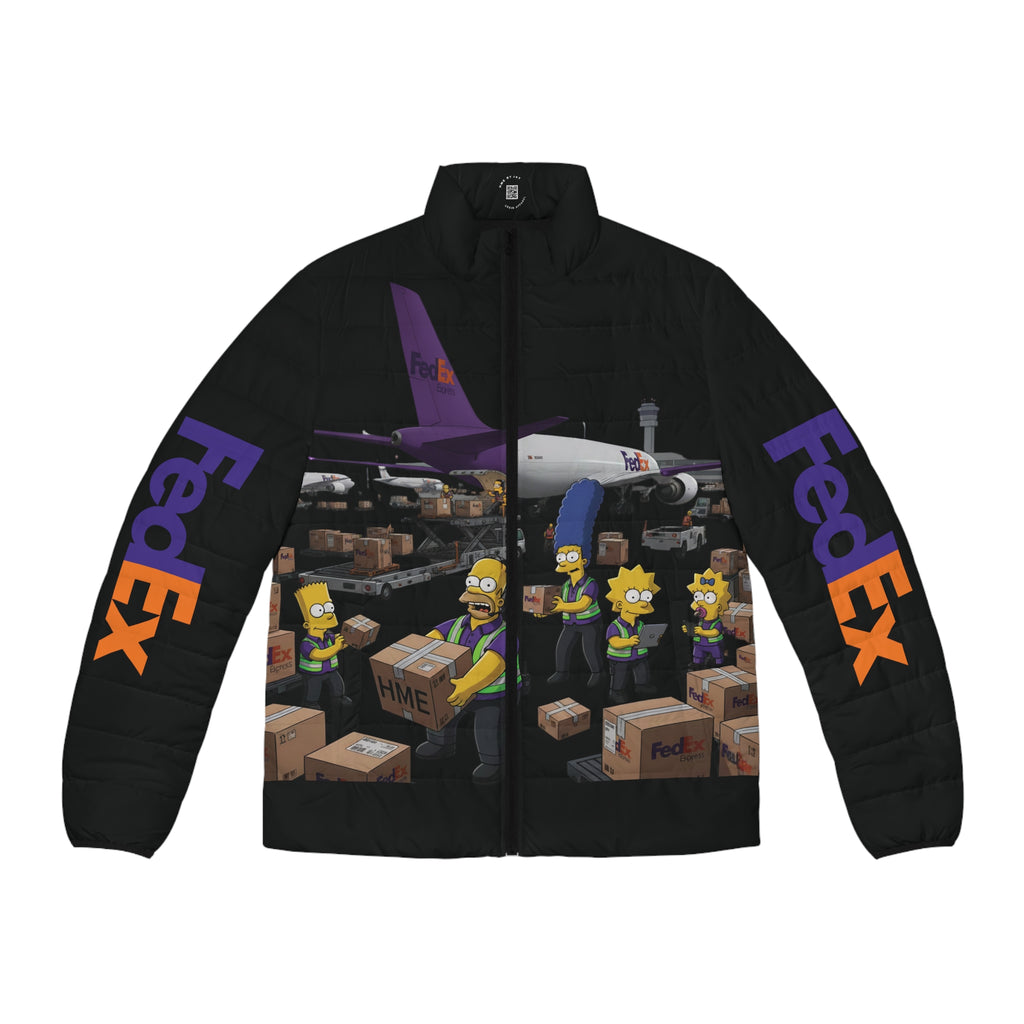 FedEx Simpsons Puffer Jacket — Cartoon Parcel Delivery Print