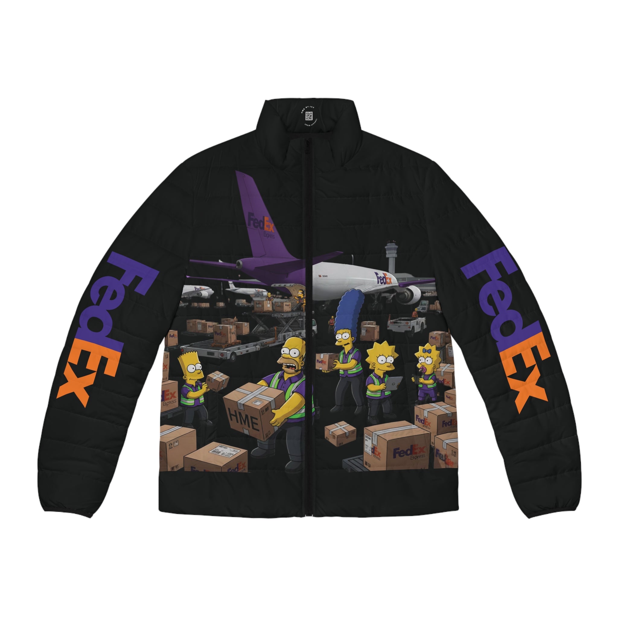 FedEx Simpsons Puffer Jacket — Cartoon Parcel Delivery Print