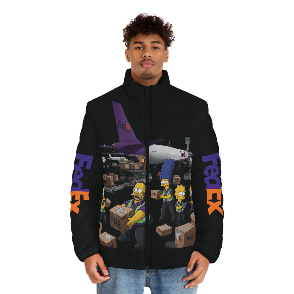 FedEx Simpsons Puffer Jacket — Cartoon Parcel Delivery Print