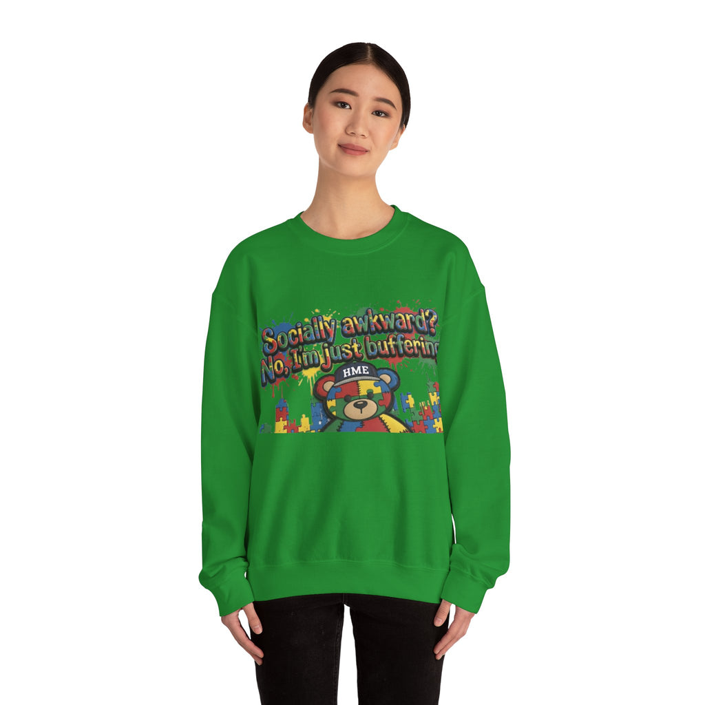 Autism Awareness Crewneck Sweatshirt — "Socially Awkward? No, I’m Just Buffering" Colorful Puzzle Bear Design