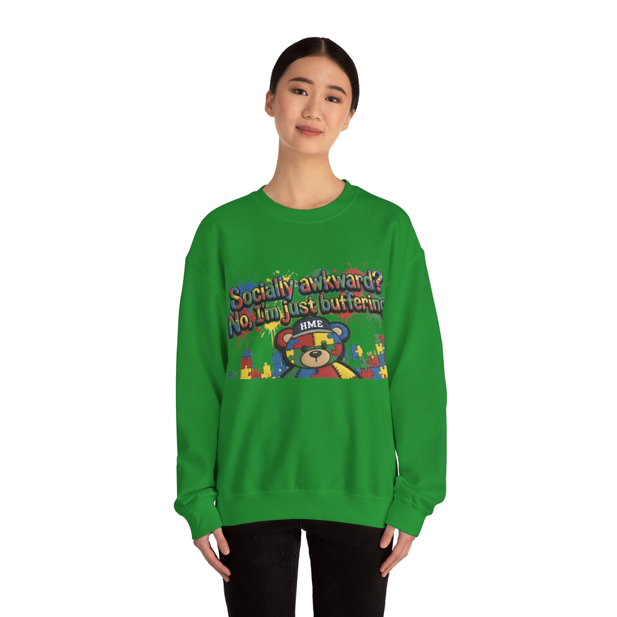 Autism Awareness Crewneck Sweatshirt — "Socially Awkward? No, I’m Just Buffering" Colorful Puzzle Bear Design