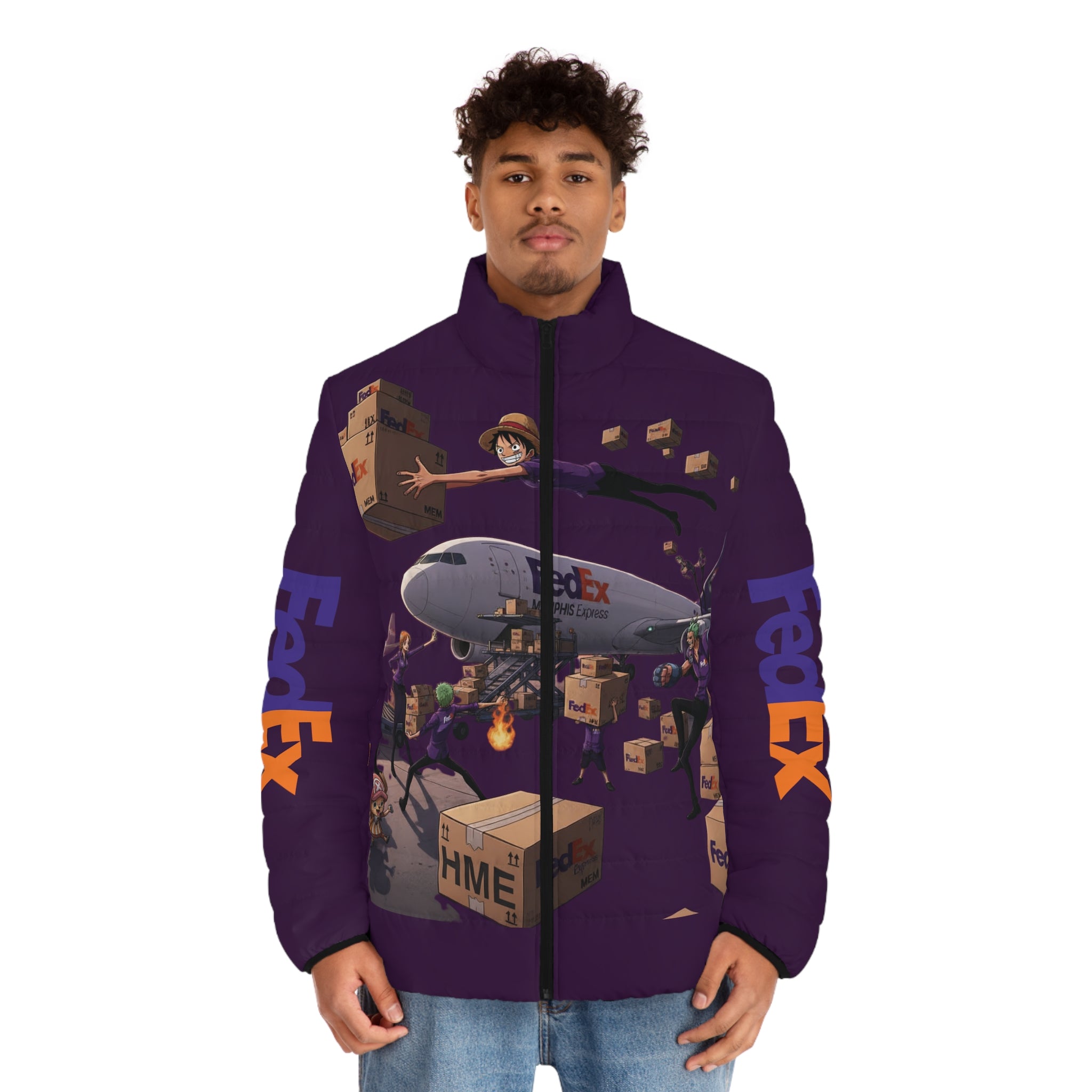 One Piece FedEx Graphic Puffer Jacket — Anime Crossover Puffer Jacket
