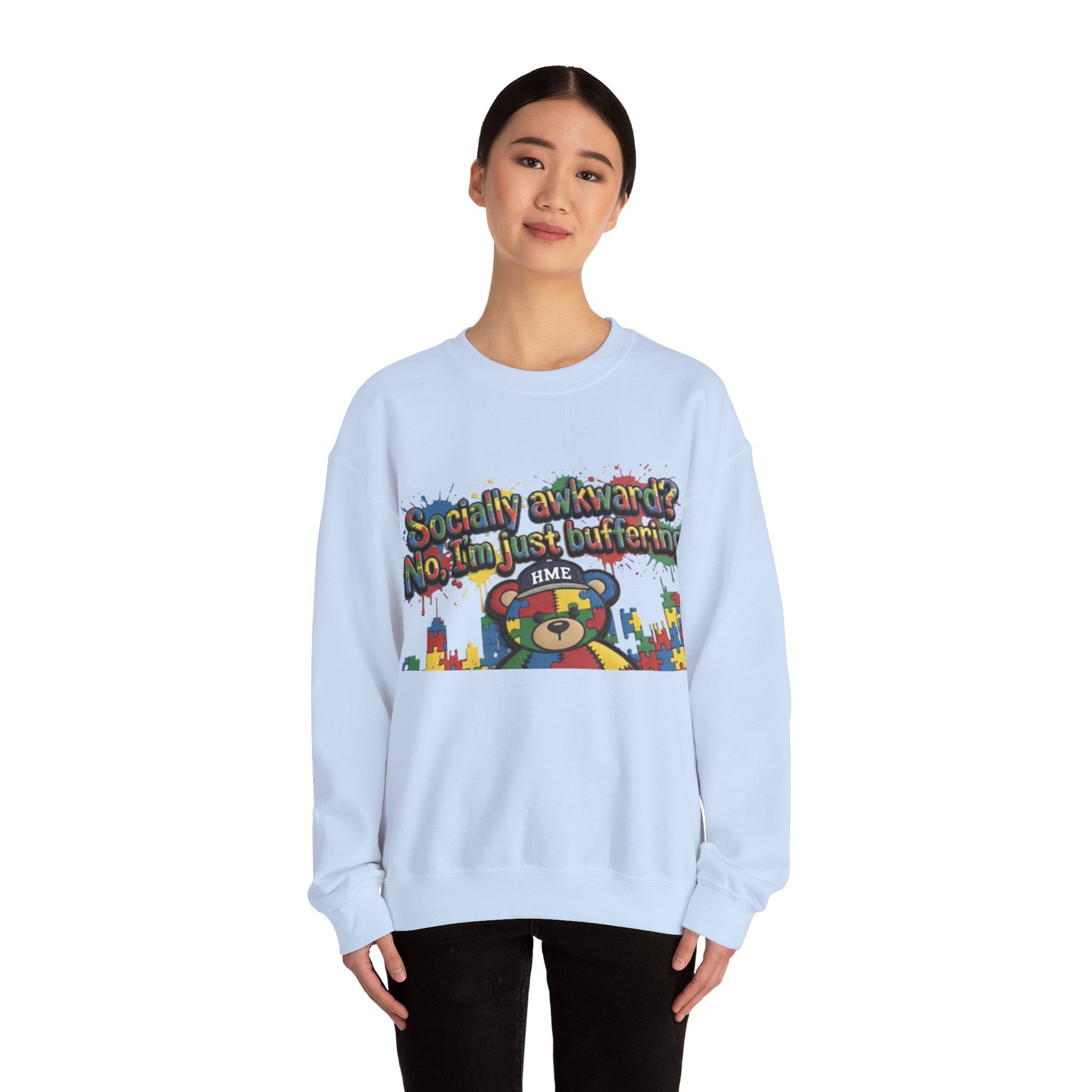 Autism Awareness Crewneck Sweatshirt — "Socially Awkward? No, I’m Just Buffering" Colorful Puzzle Bear Design