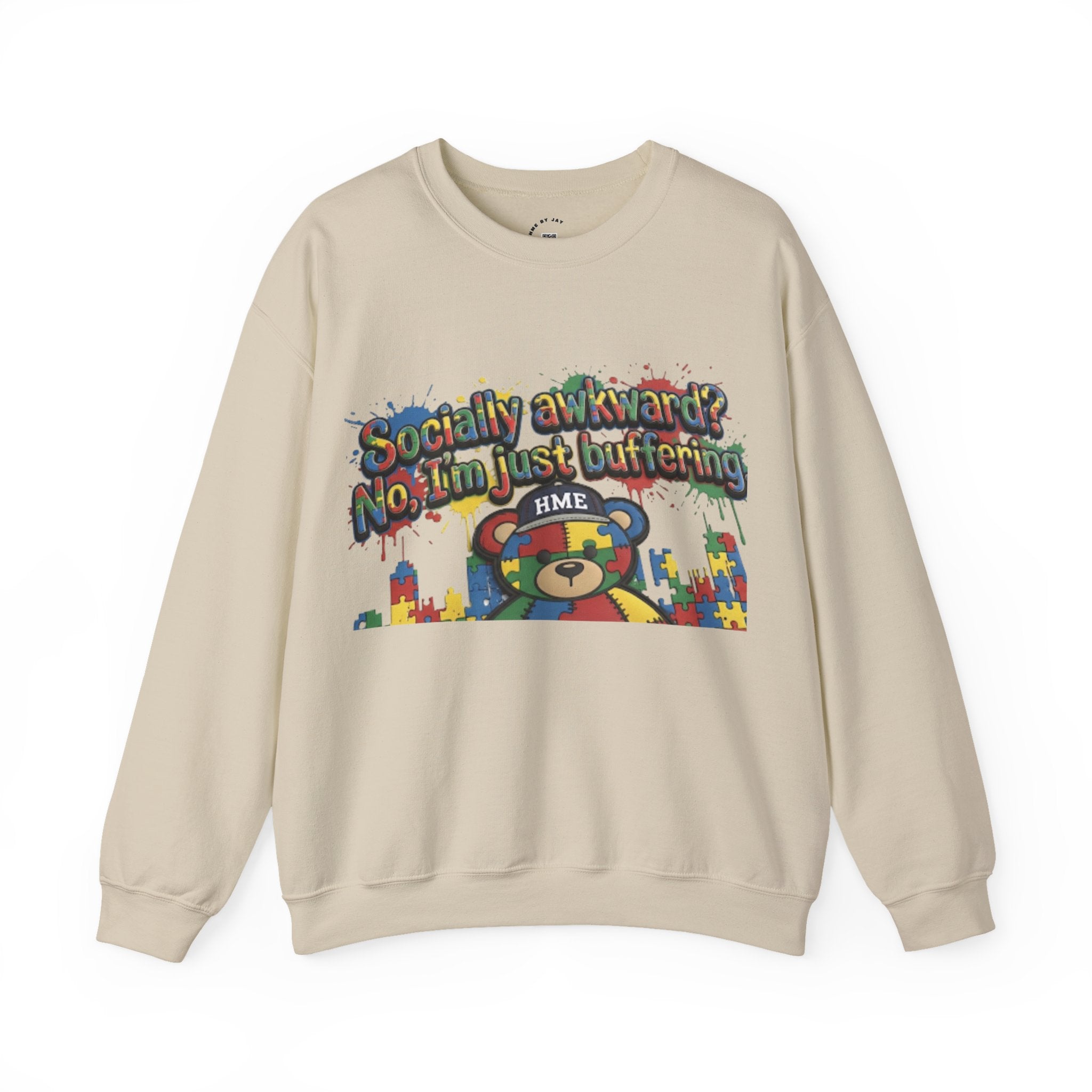 Autism Awareness Crewneck Sweatshirt — "Socially Awkward? No, I’m Just Buffering" Colorful Puzzle Bear Design