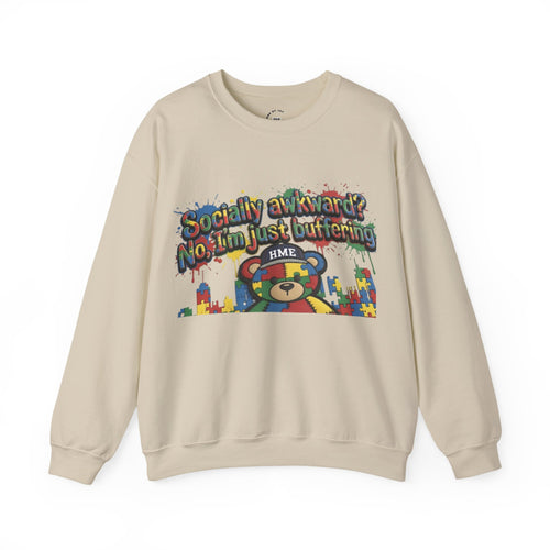 Autism Awareness Crewneck Sweatshirt — "Socially Awkward? No, I’m Just Buffering" Colorful Puzzle Bear Design