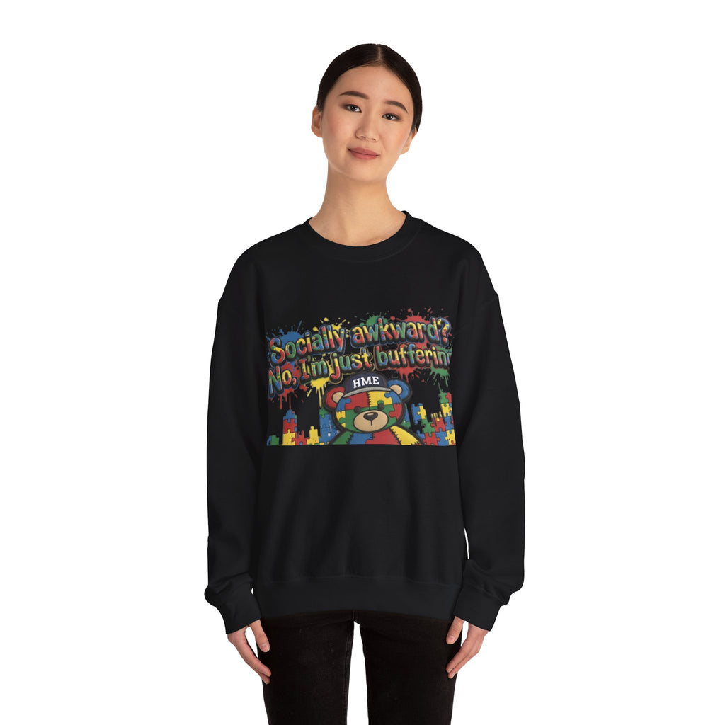 Autism Awareness Crewneck Sweatshirt — "Socially Awkward? No, I’m Just Buffering" Colorful Puzzle Bear Design