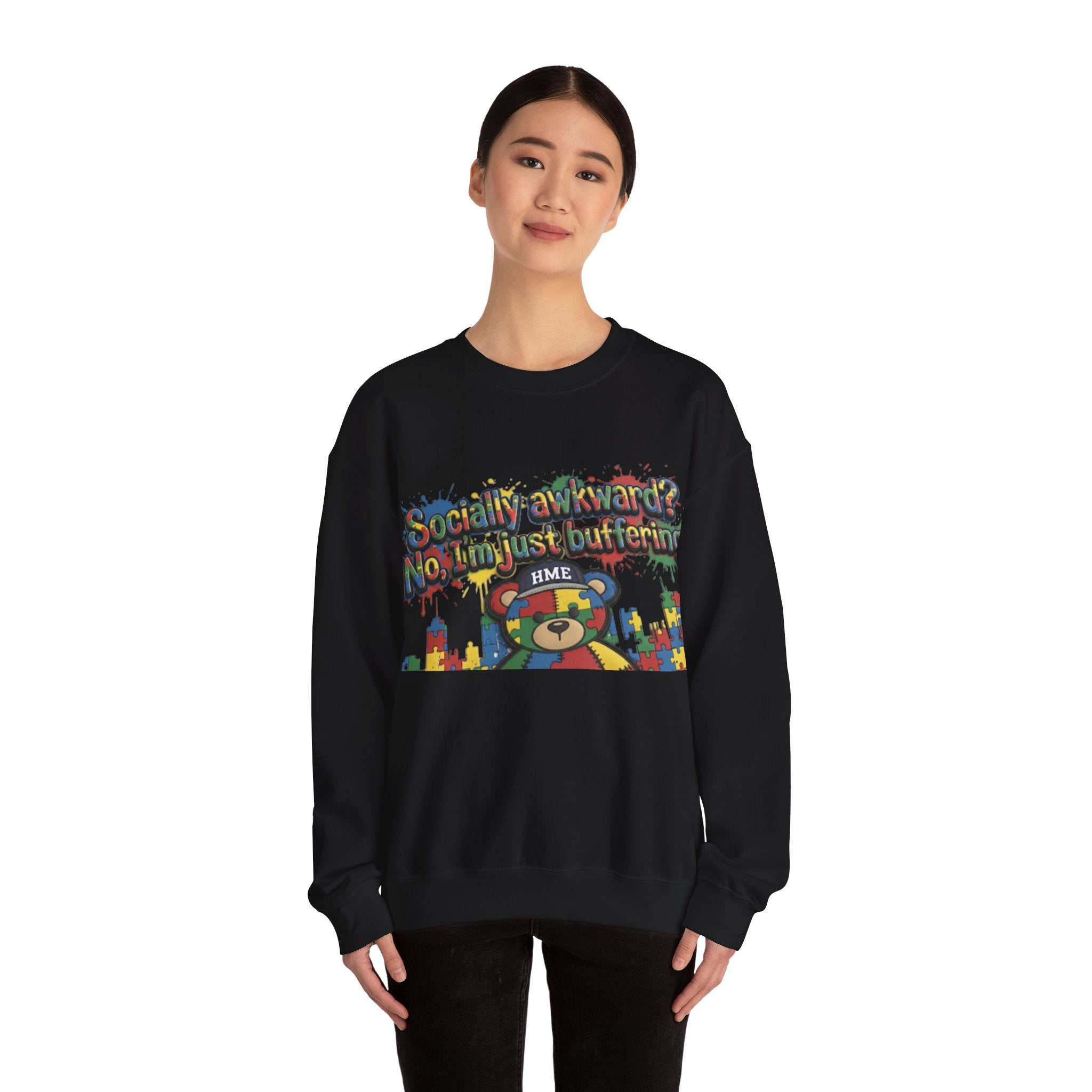 Autism Awareness Crewneck Sweatshirt — "Socially Awkward? No, I’m Just Buffering" Colorful Puzzle Bear Design