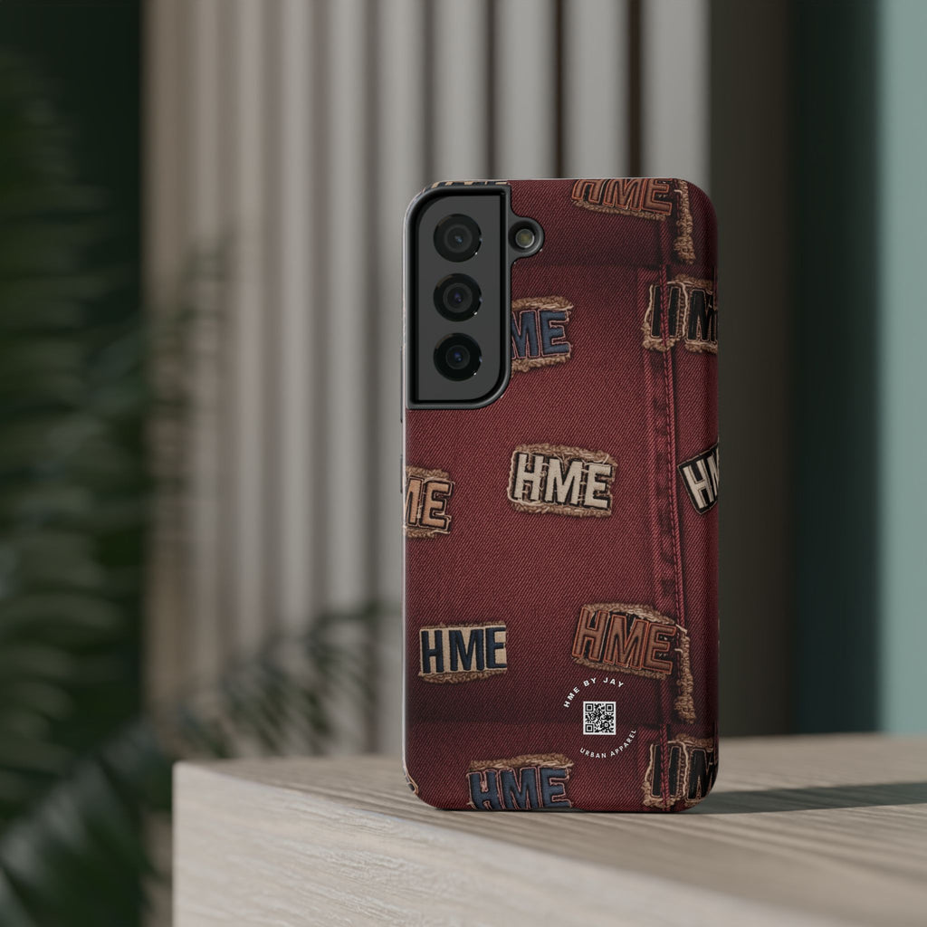 Phone Cases with HME Red Stressed Denim and Patches