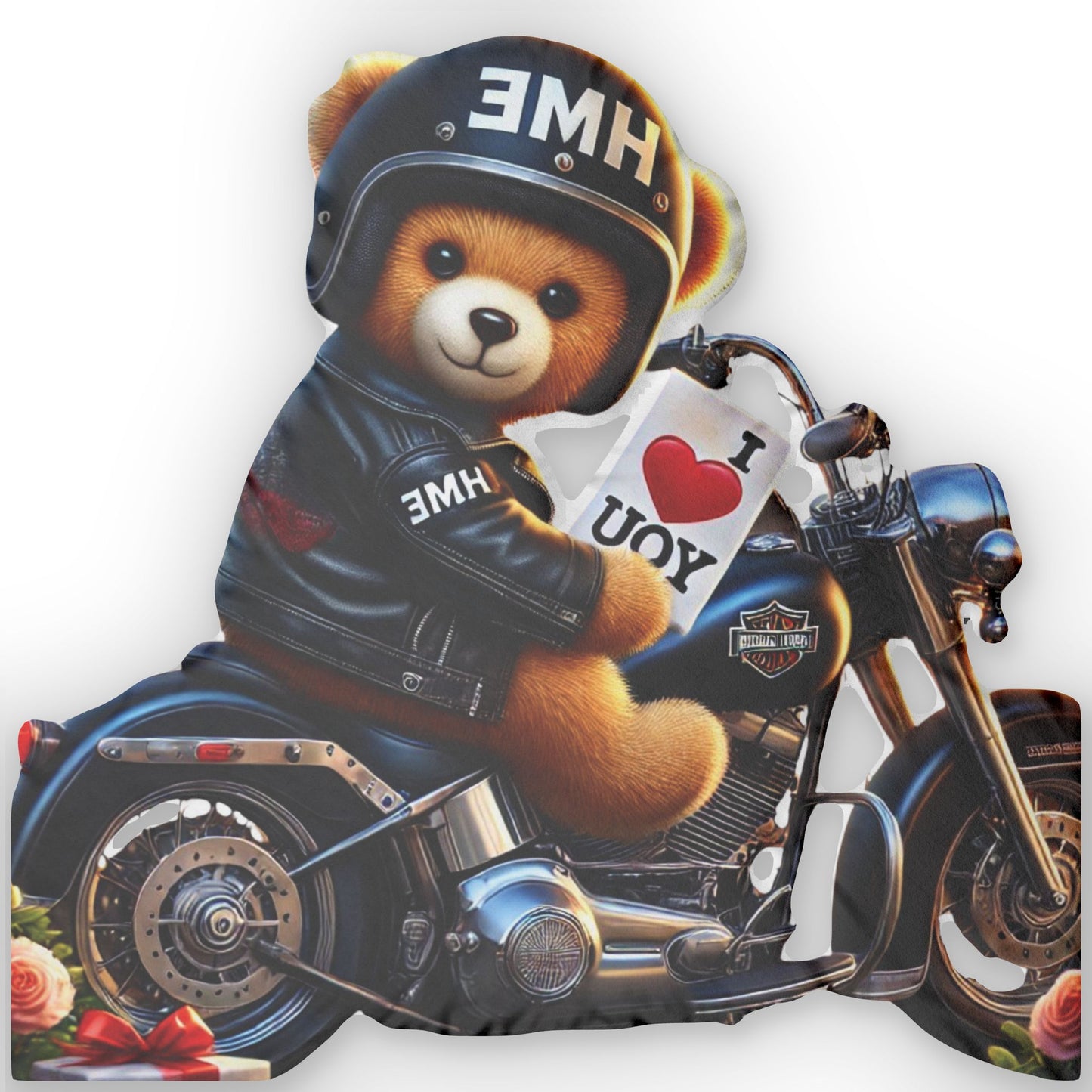 Shaped Pillow - Harley Davidson Motorcycle Riding Bear with I Love You Message by HME