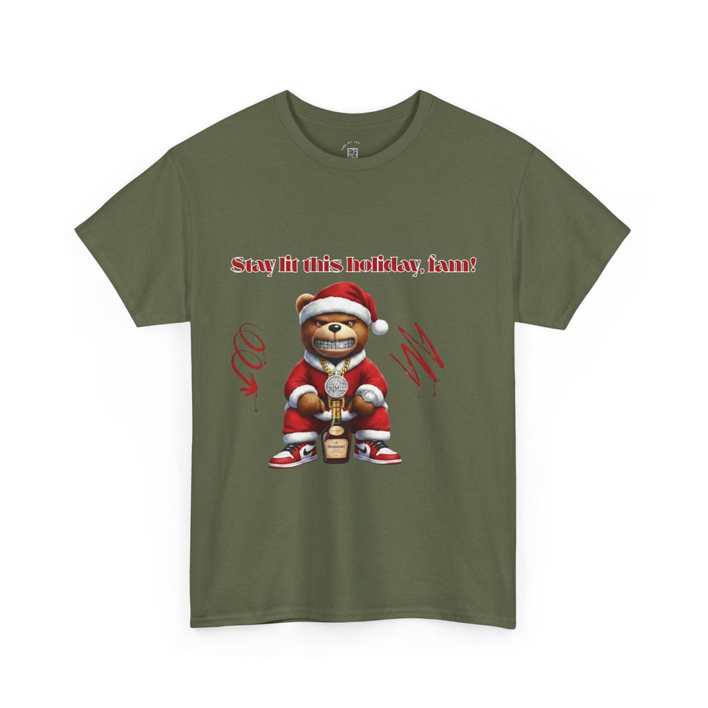 Stay Lit This Holiday, Fam! Santa Teddy Tee – Funny Christmas Graphic T-Shirt