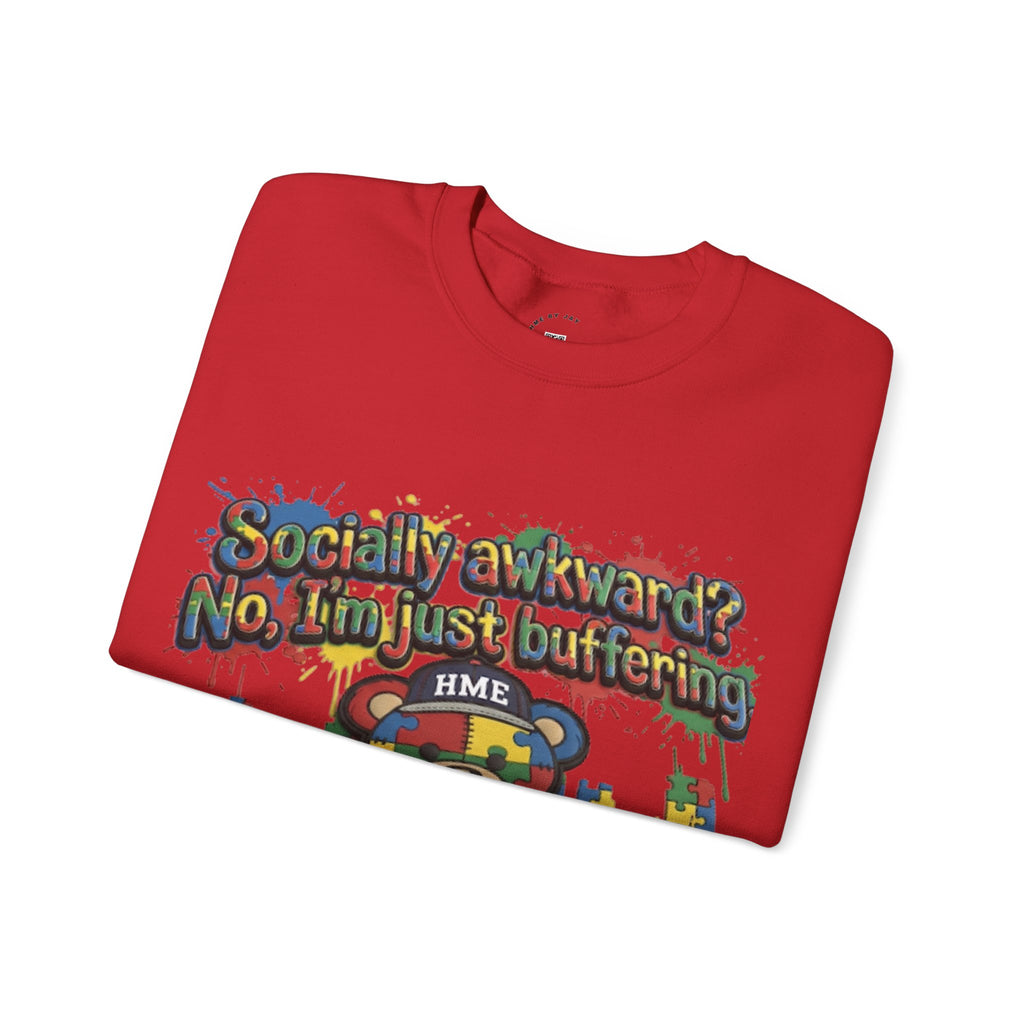 Autism Awareness Crewneck Sweatshirt — "Socially Awkward? No, I’m Just Buffering" Colorful Puzzle Bear Design