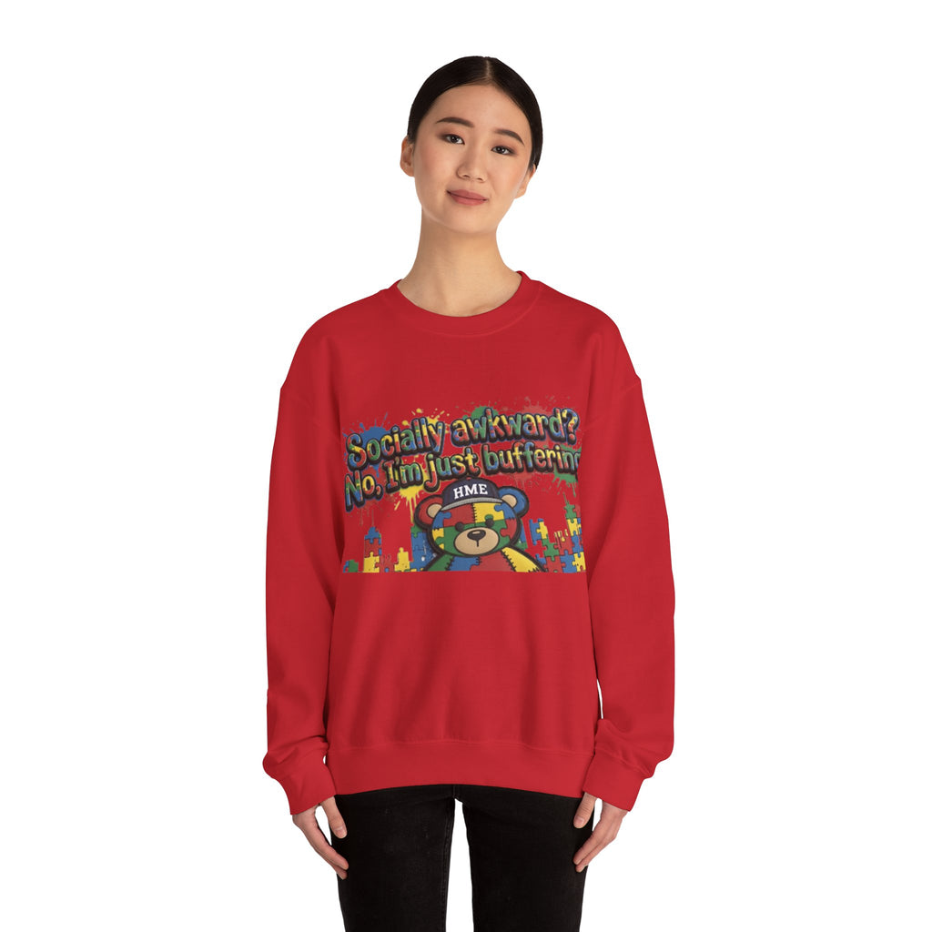Autism Awareness Crewneck Sweatshirt — "Socially Awkward? No, I’m Just Buffering" Colorful Puzzle Bear Design