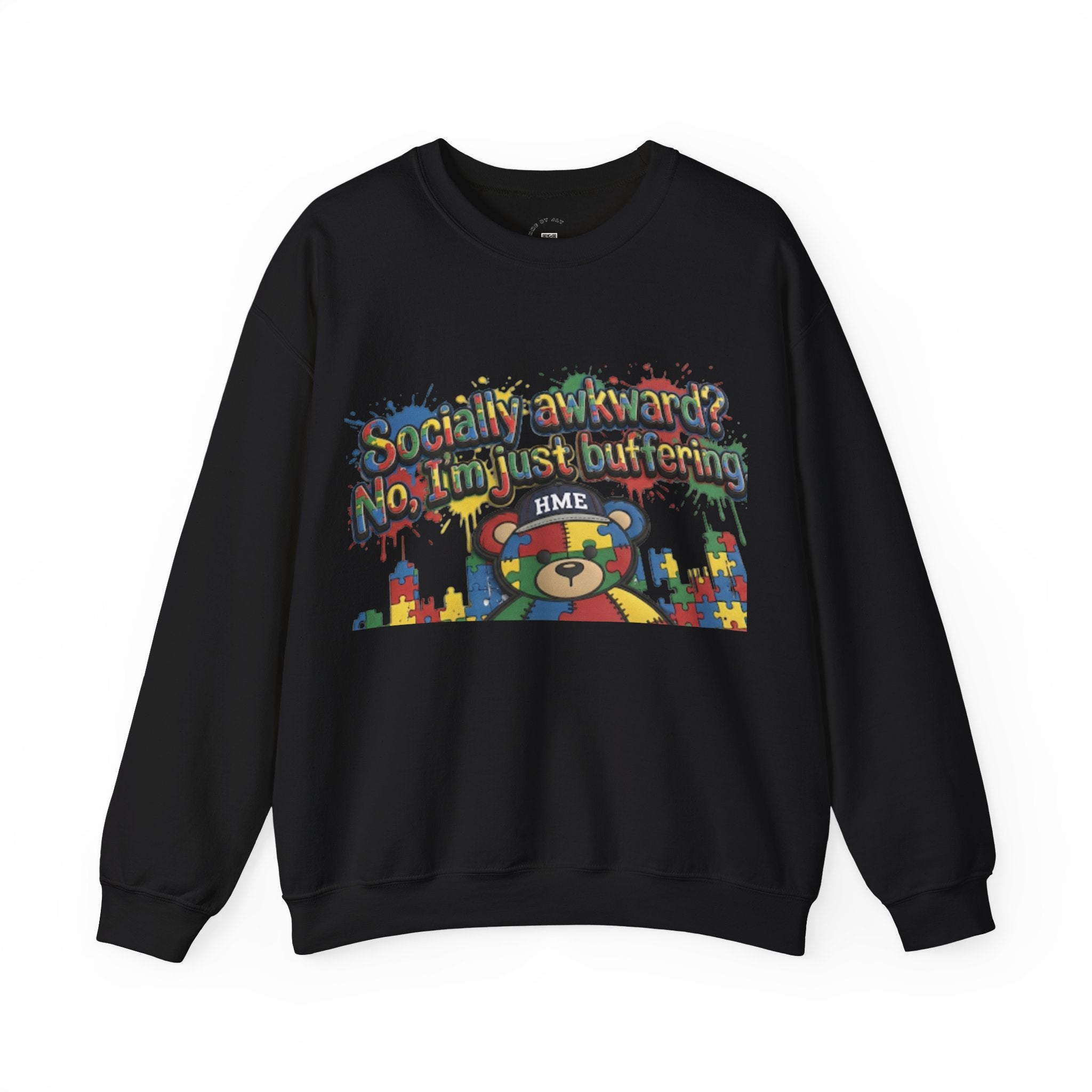 Autism Awareness Crewneck Sweatshirt — "Socially Awkward? No, I’m Just Buffering" Colorful Puzzle Bear Design