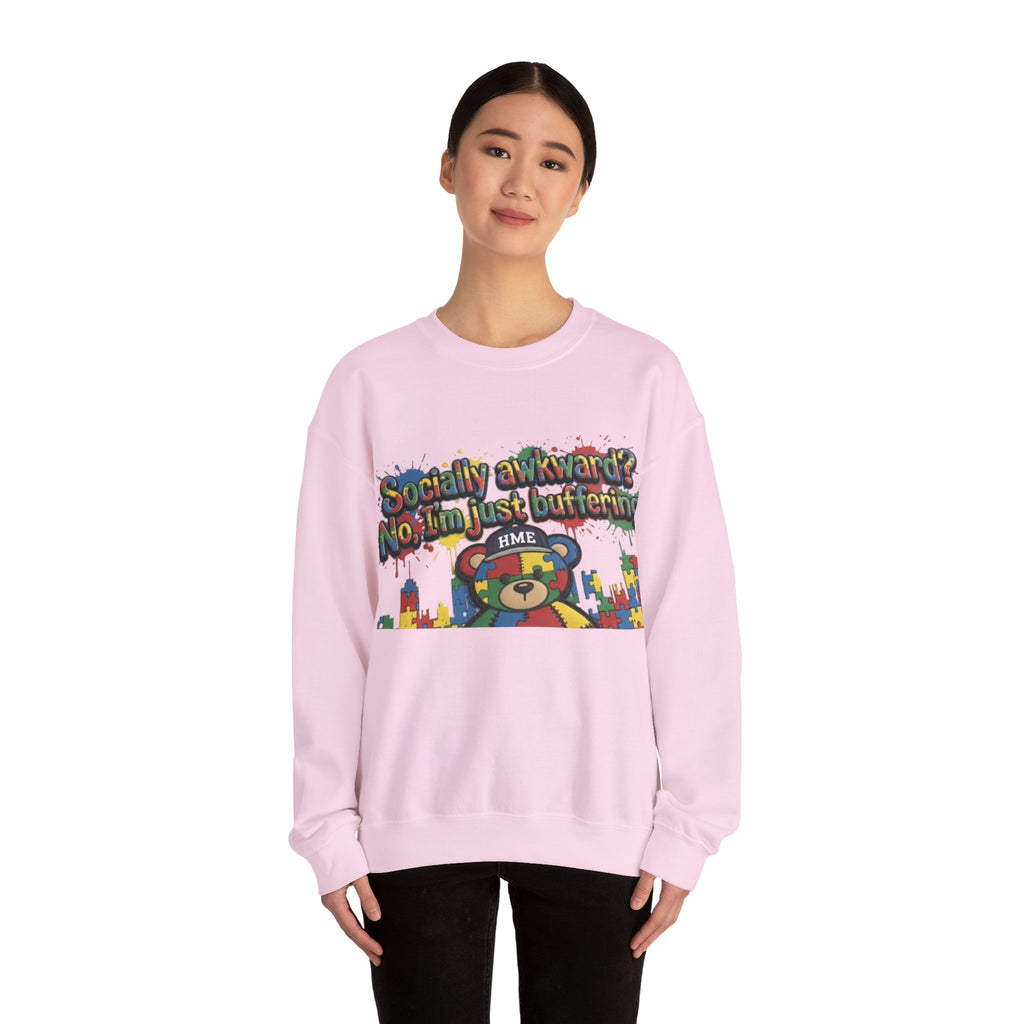 Autism Awareness Crewneck Sweatshirt — "Socially Awkward? No, I’m Just Buffering" Colorful Puzzle Bear Design