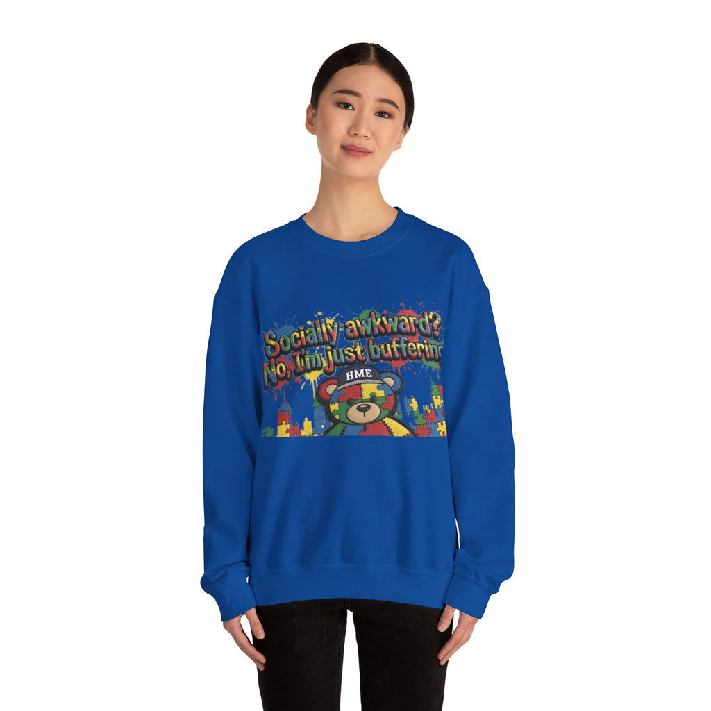 Autism Awareness Crewneck Sweatshirt — "Socially Awkward? No, I’m Just Buffering" Colorful Puzzle Bear Design
