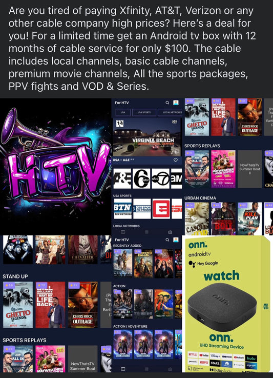 Onn 4K Google tv Streaming Box programmed with 12 months of IPTV