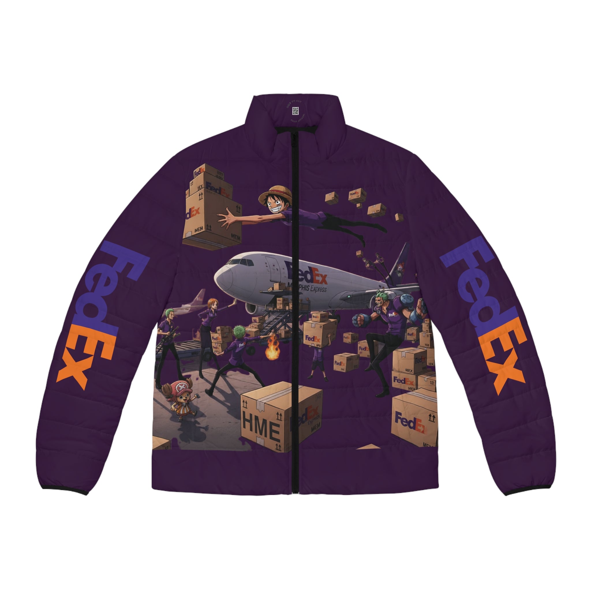 One Piece FedEx Graphic Puffer Jacket — Anime Crossover Puffer Jacket