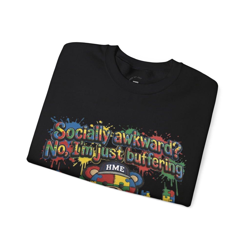 Autism Awareness Crewneck Sweatshirt — "Socially Awkward? No, I’m Just Buffering" Colorful Puzzle Bear Design