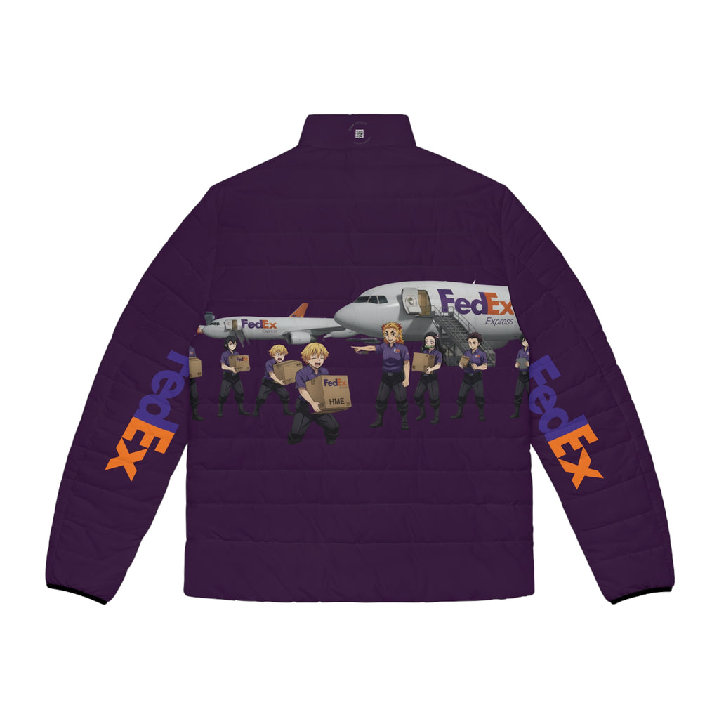 Demon Slayer FedEx Graphic Puffer Jacket — Anime Crossover Puffer Jacket
