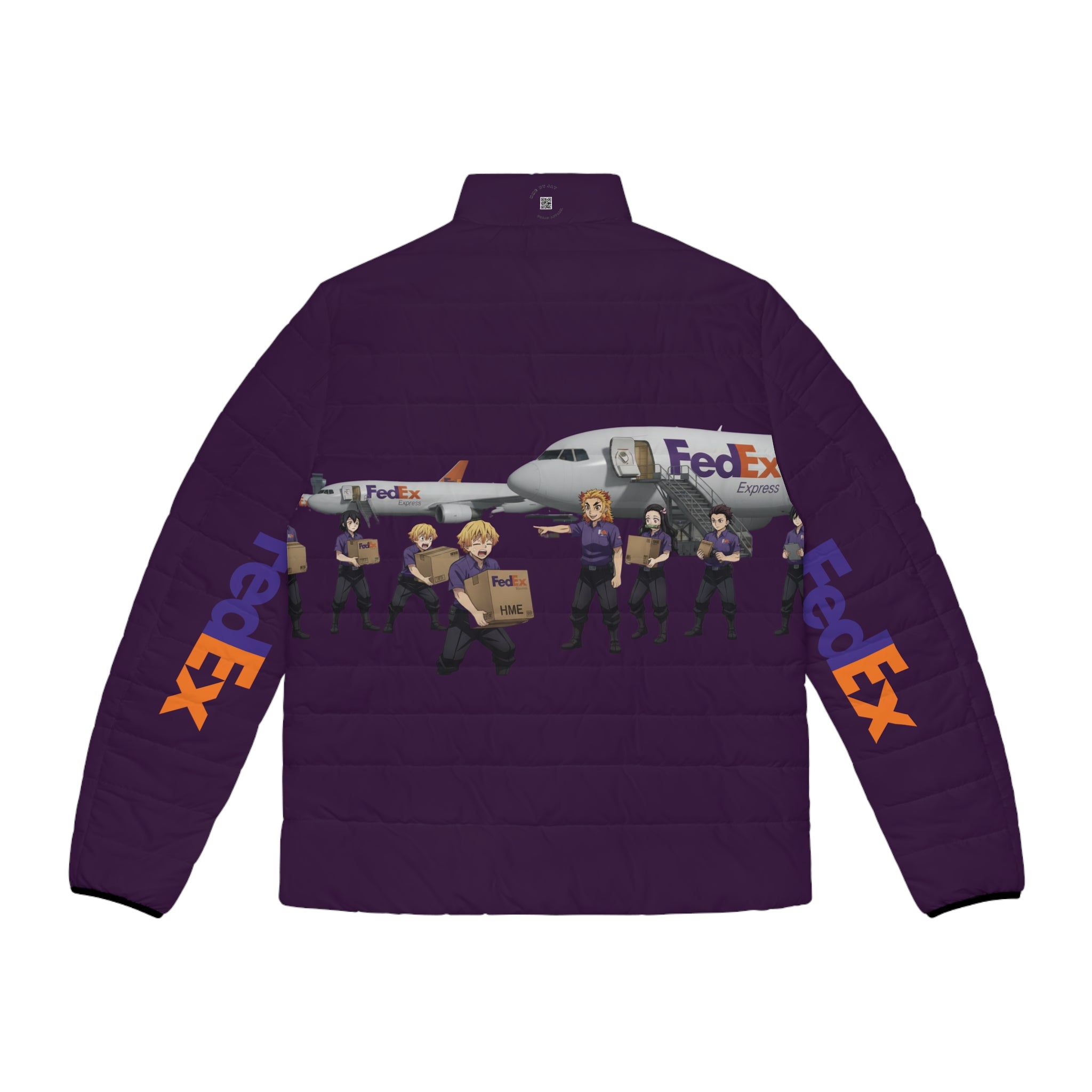 Demon Slayer FedEx Graphic Puffer Jacket — Anime Crossover Puffer Jacket