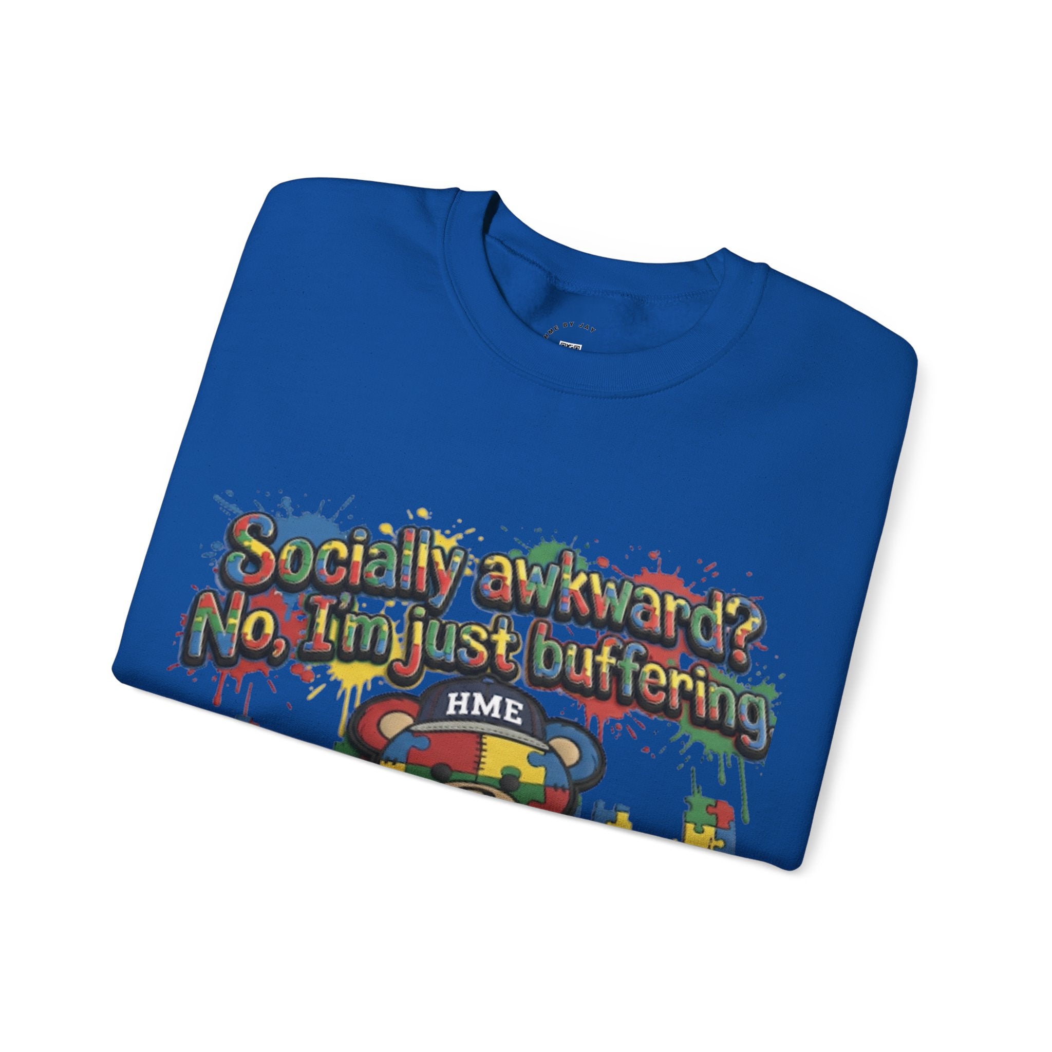 Autism Awareness Crewneck Sweatshirt — "Socially Awkward? No, I’m Just Buffering" Colorful Puzzle Bear Design