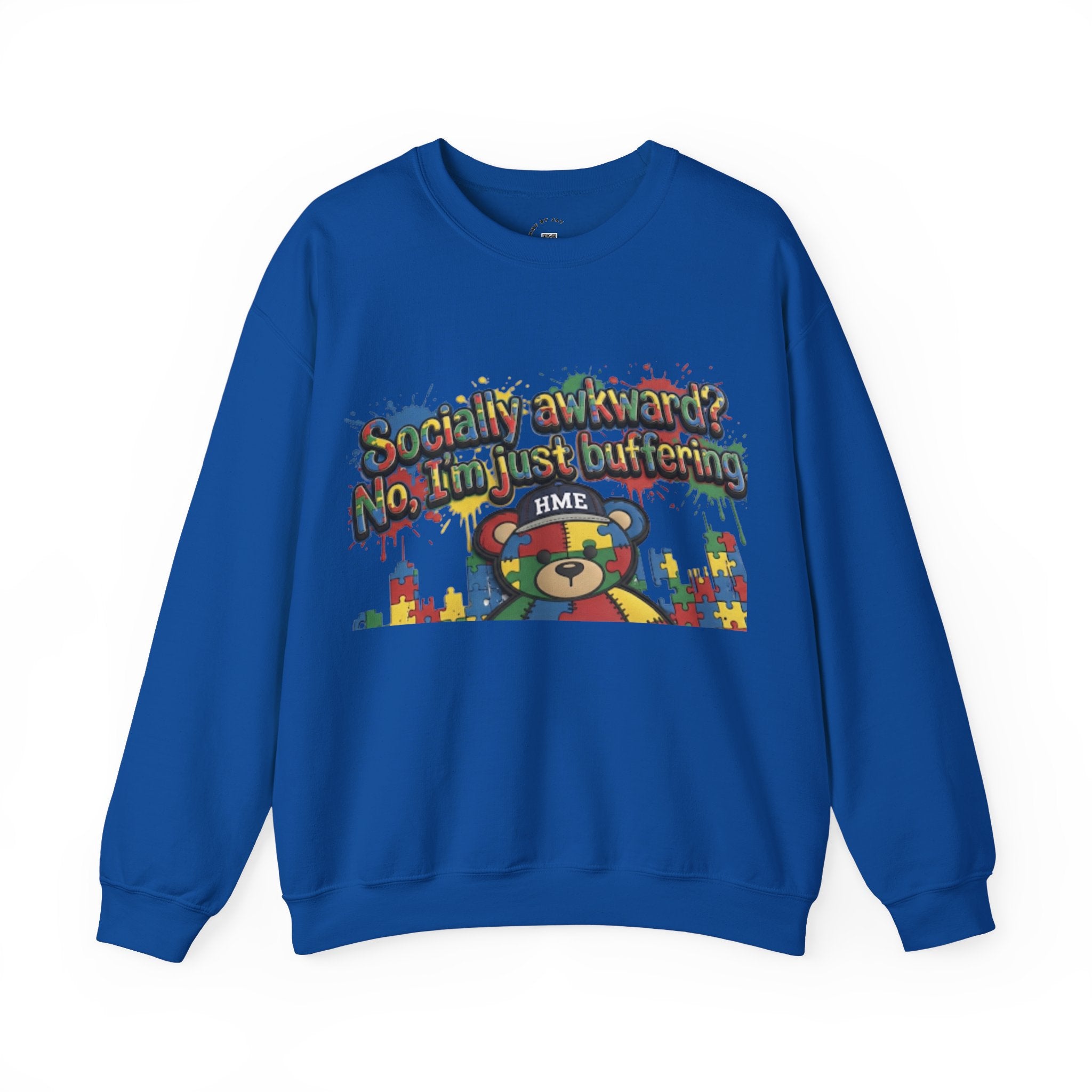 Autism Awareness Crewneck Sweatshirt — "Socially Awkward? No, I’m Just Buffering" Colorful Puzzle Bear Design