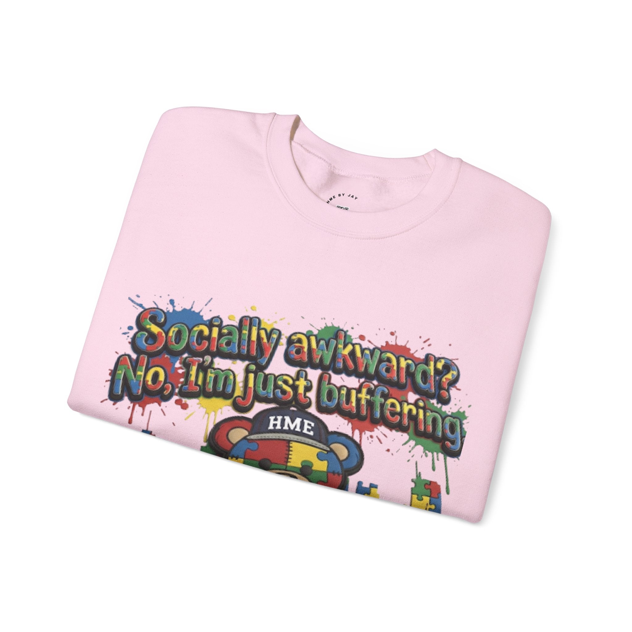 Autism Awareness Crewneck Sweatshirt — "Socially Awkward? No, I’m Just Buffering" Colorful Puzzle Bear Design