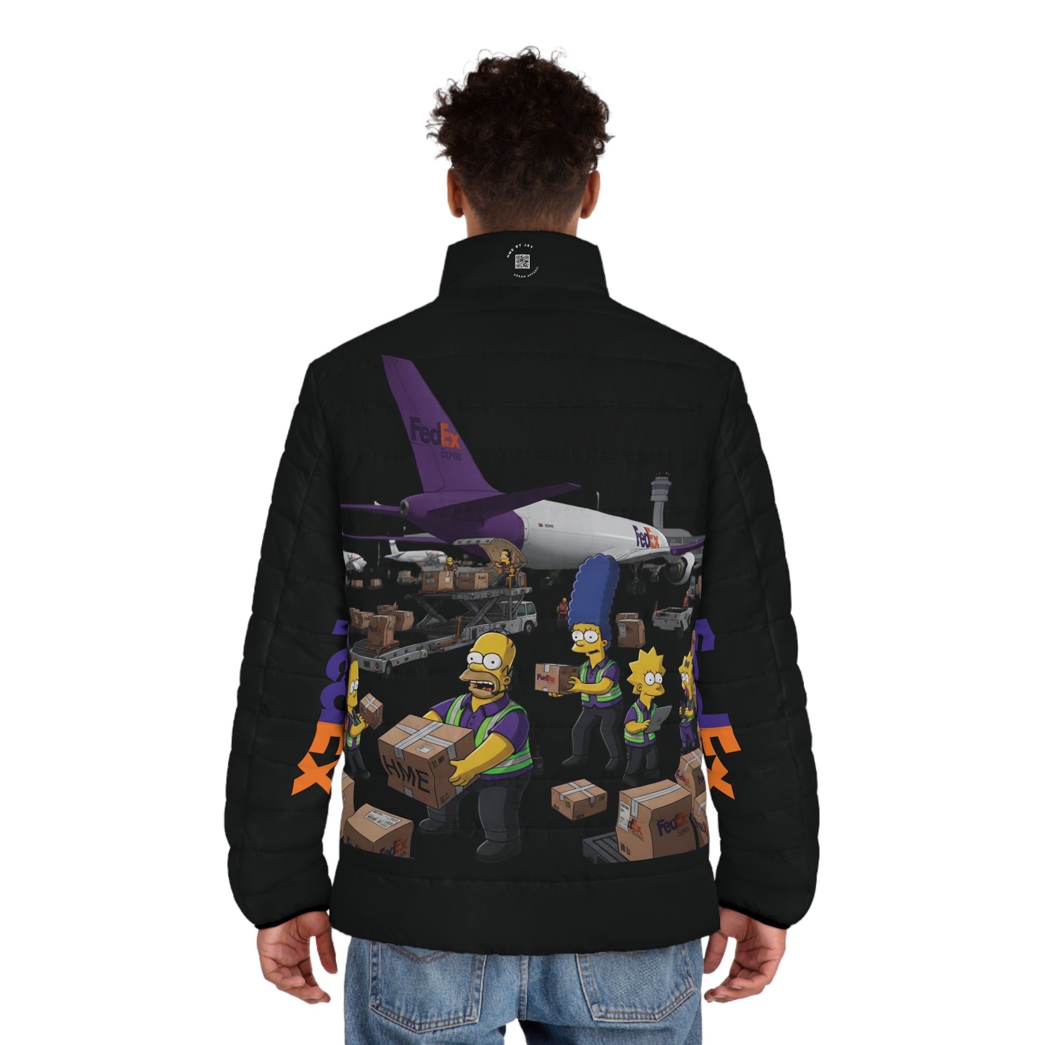 FedEx Simpsons Puffer Jacket — Cartoon Parcel Delivery Print
