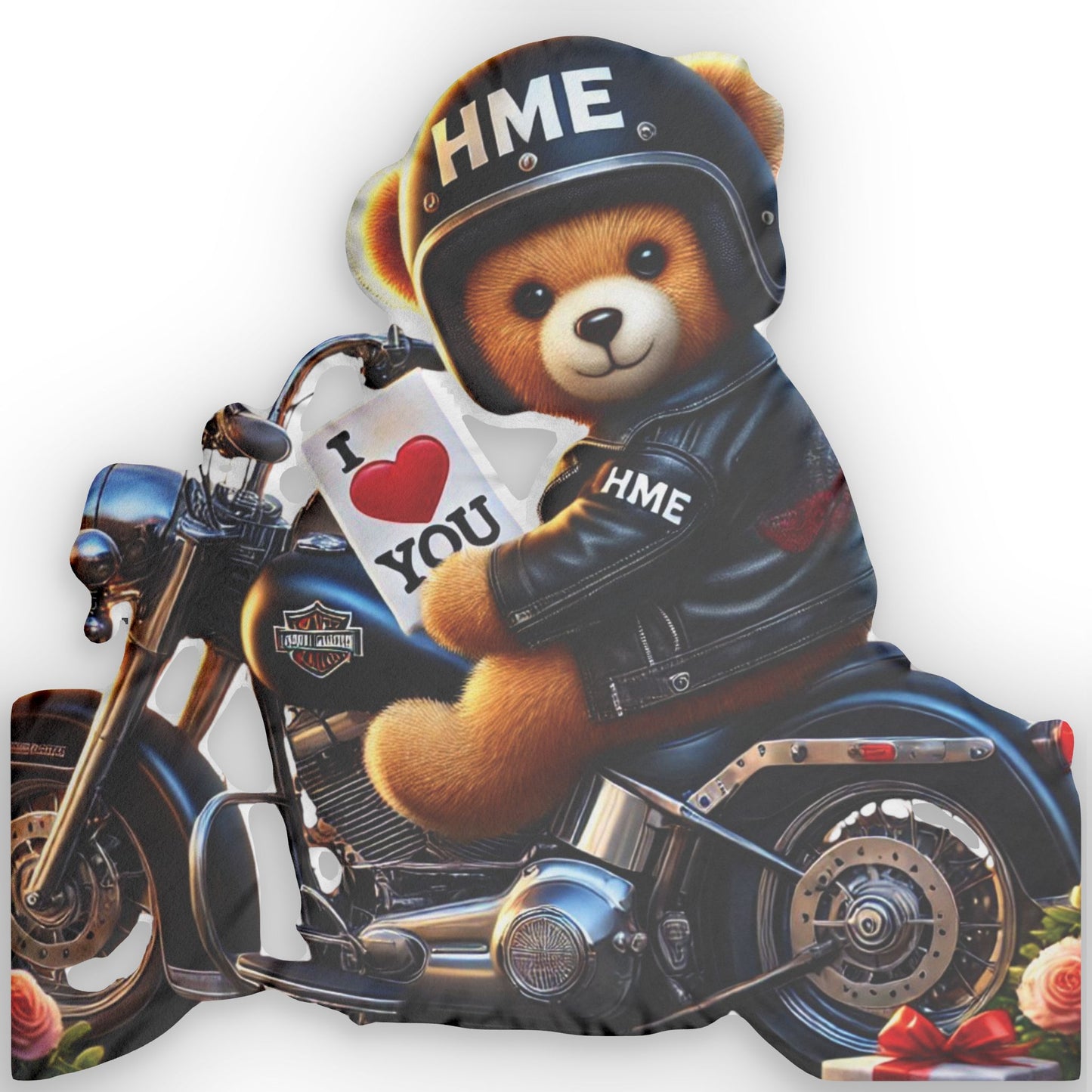 Shaped Pillow - Harley Davidson Motorcycle Riding Bear with I Love You Message by HME