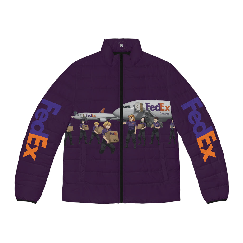 Demon Slayer FedEx Graphic Puffer Jacket — Anime Crossover Puffer Jacket