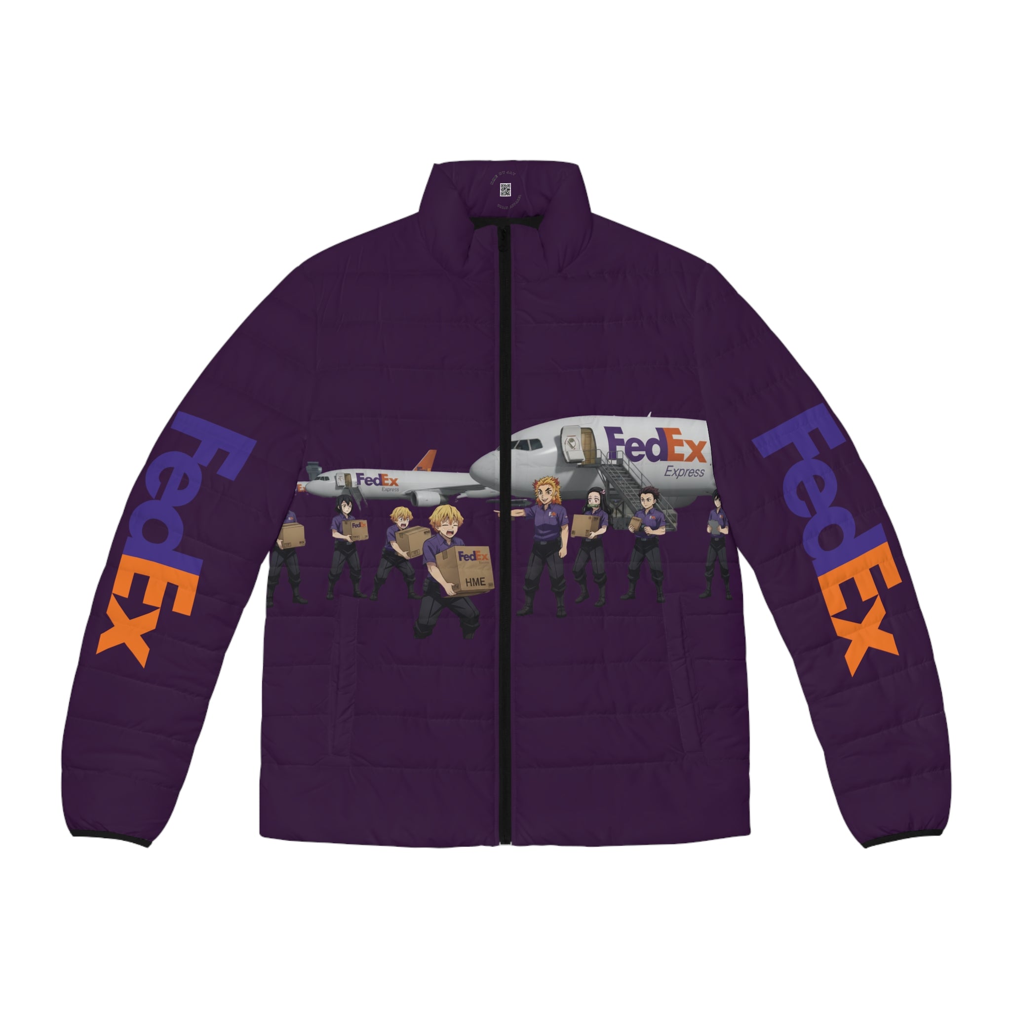 Demon Slayer FedEx Graphic Puffer Jacket — Anime Crossover Puffer Jacket