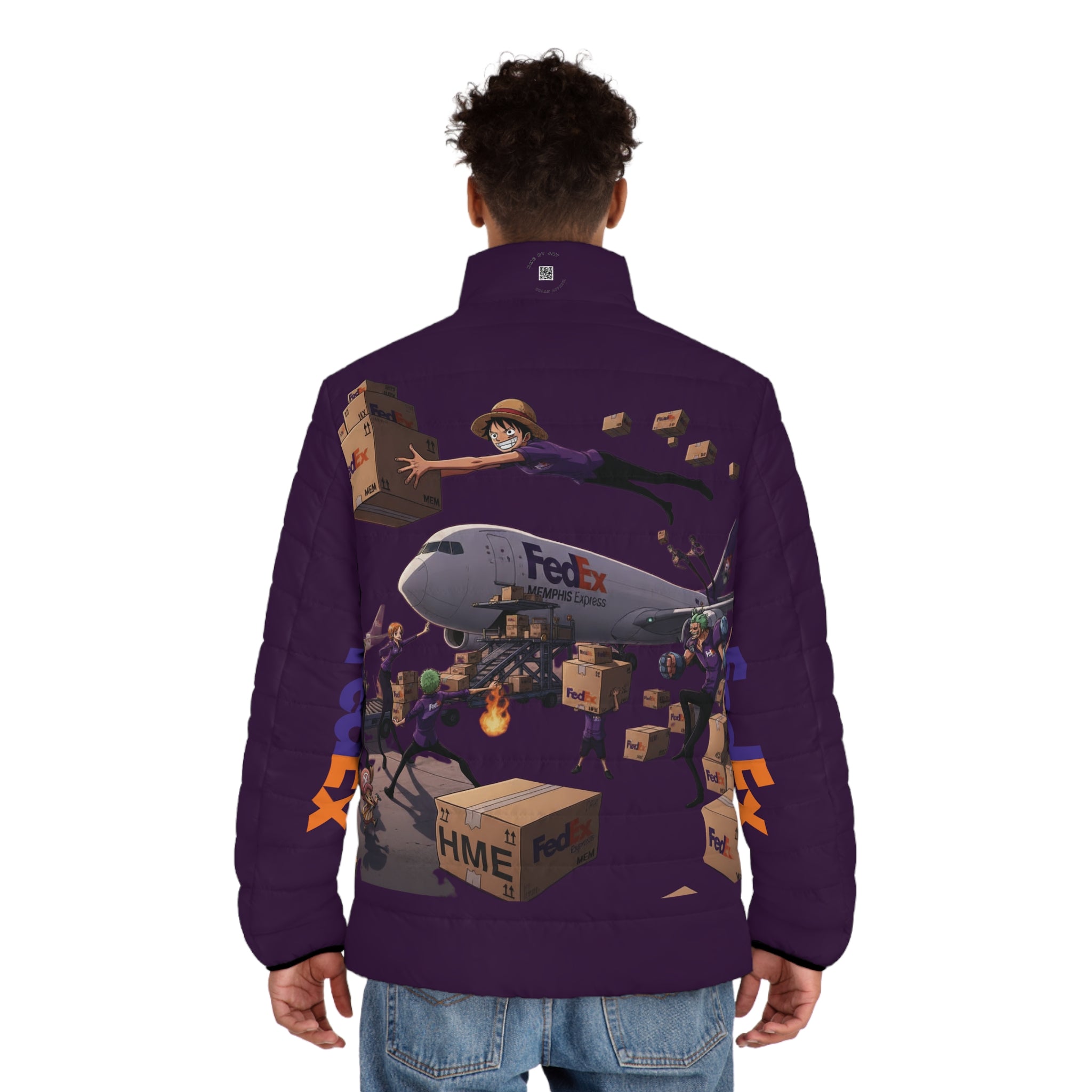 One Piece FedEx Graphic Puffer Jacket — Anime Crossover Puffer Jacket