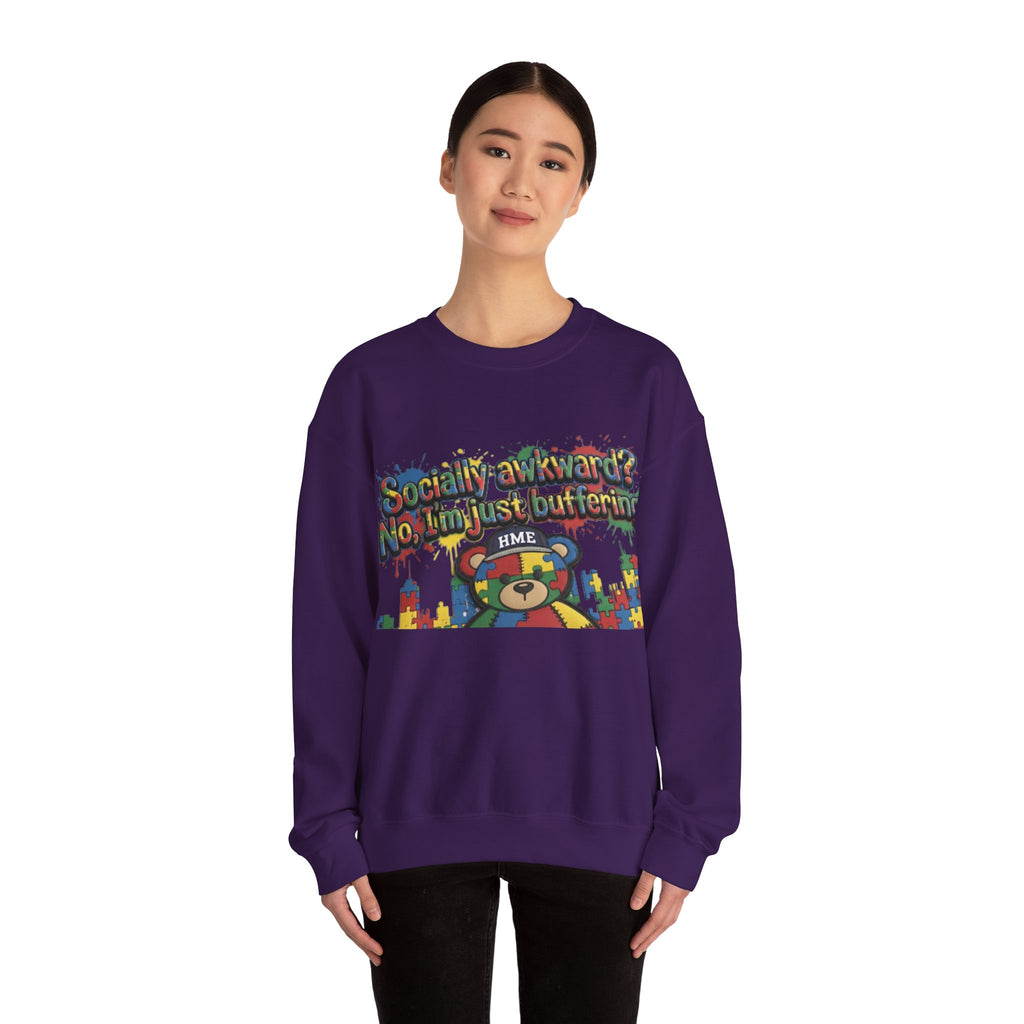 Autism Awareness Crewneck Sweatshirt — "Socially Awkward? No, I’m Just Buffering" Colorful Puzzle Bear Design