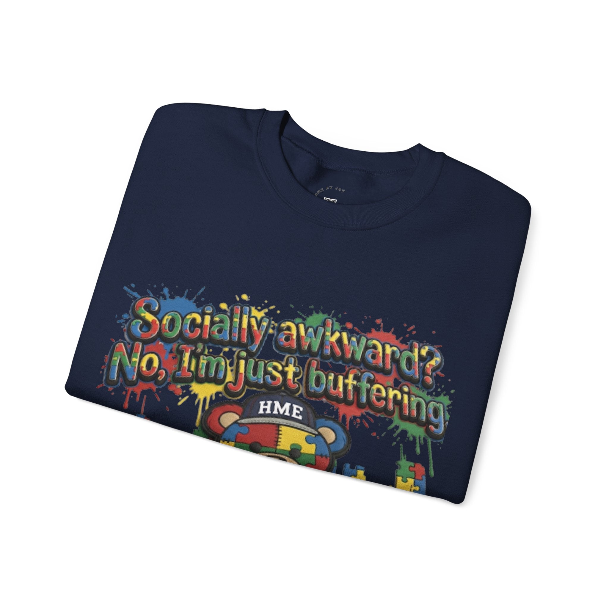 Autism Awareness Crewneck Sweatshirt — "Socially Awkward? No, I’m Just Buffering" Colorful Puzzle Bear Design