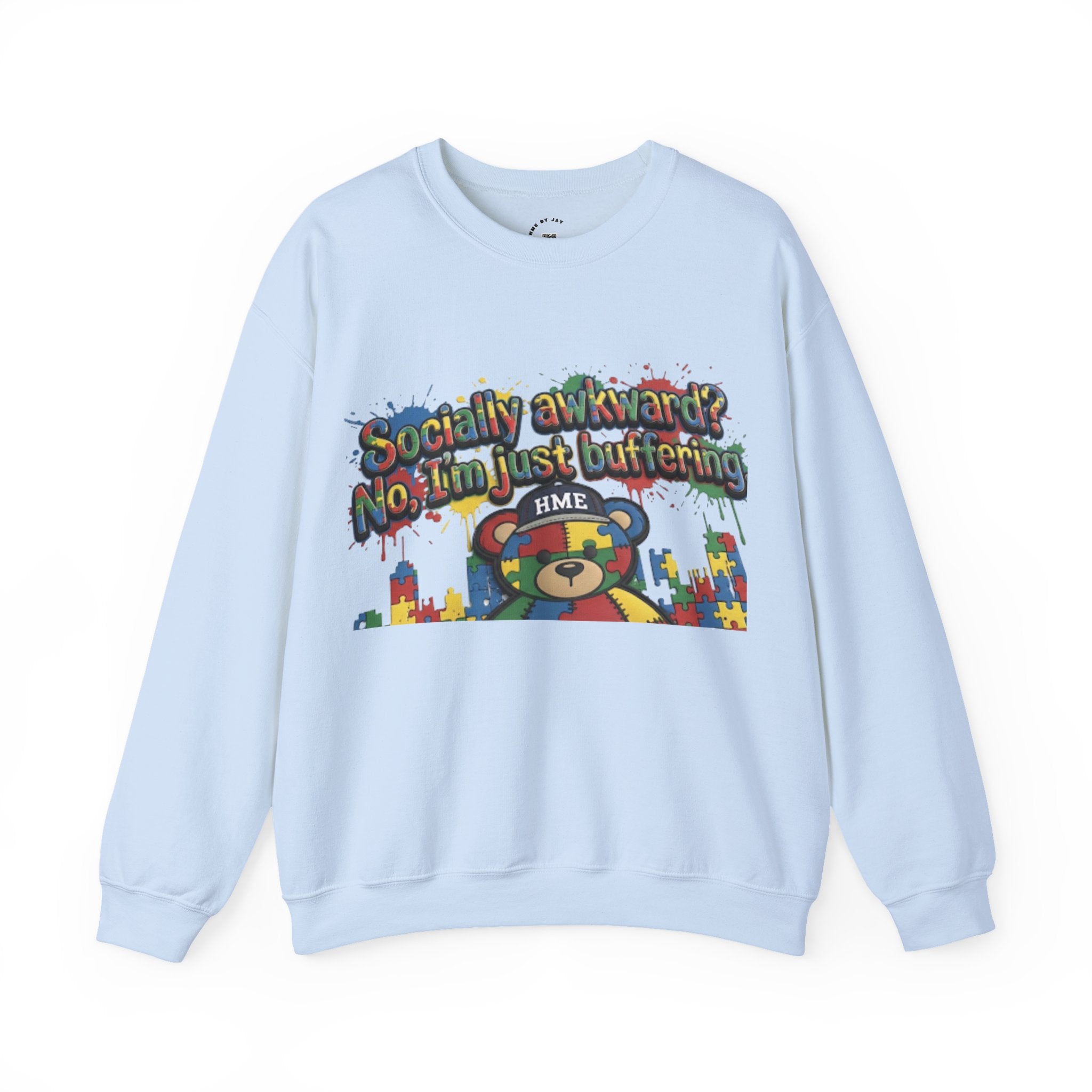 Autism Awareness Crewneck Sweatshirt — "Socially Awkward? No, I’m Just Buffering" Colorful Puzzle Bear Design