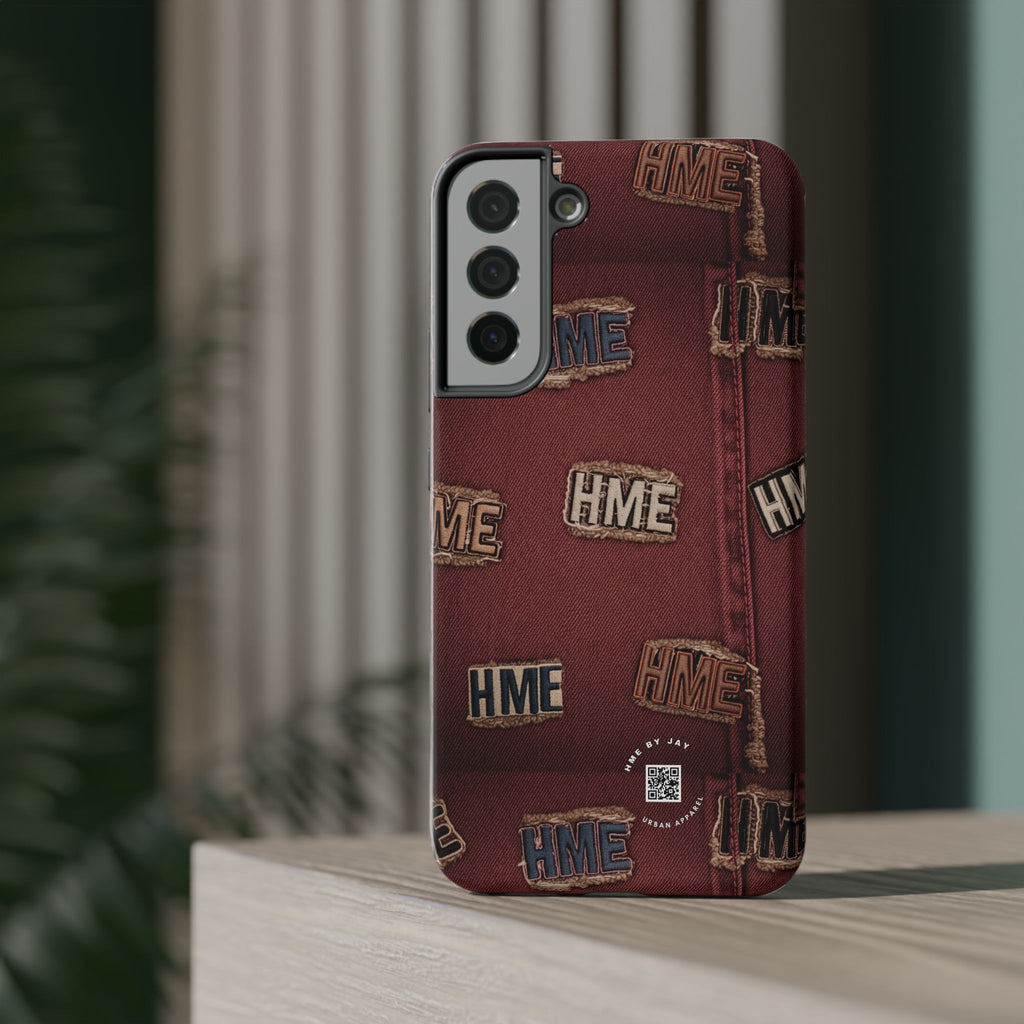 Phone Cases with HME Red Stressed Denim and Patches