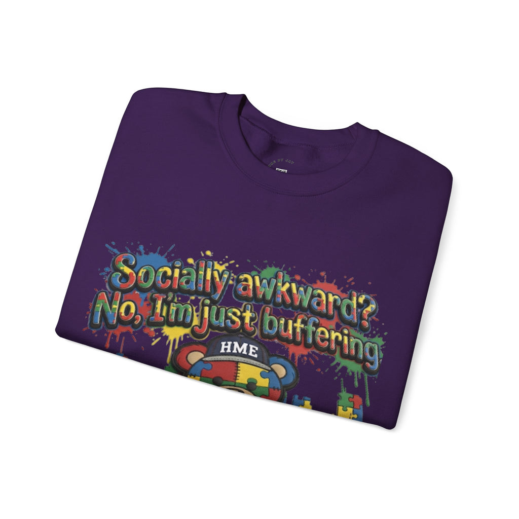 Autism Awareness Crewneck Sweatshirt — "Socially Awkward? No, I’m Just Buffering" Colorful Puzzle Bear Design