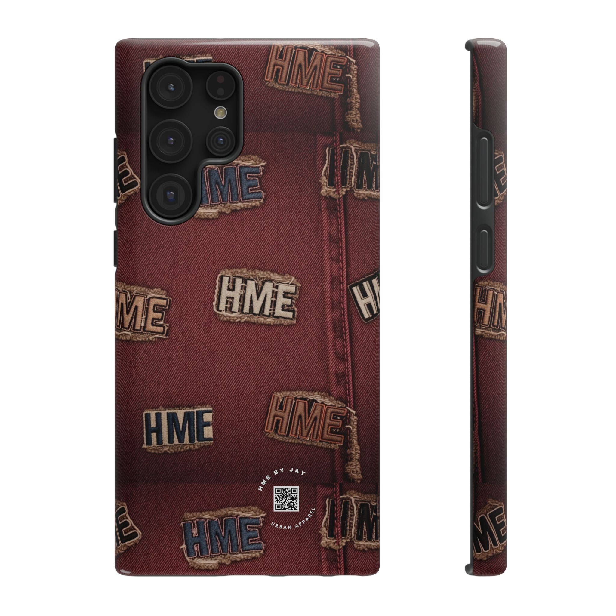 Phone Cases with HME Red Stressed Denim and Patches