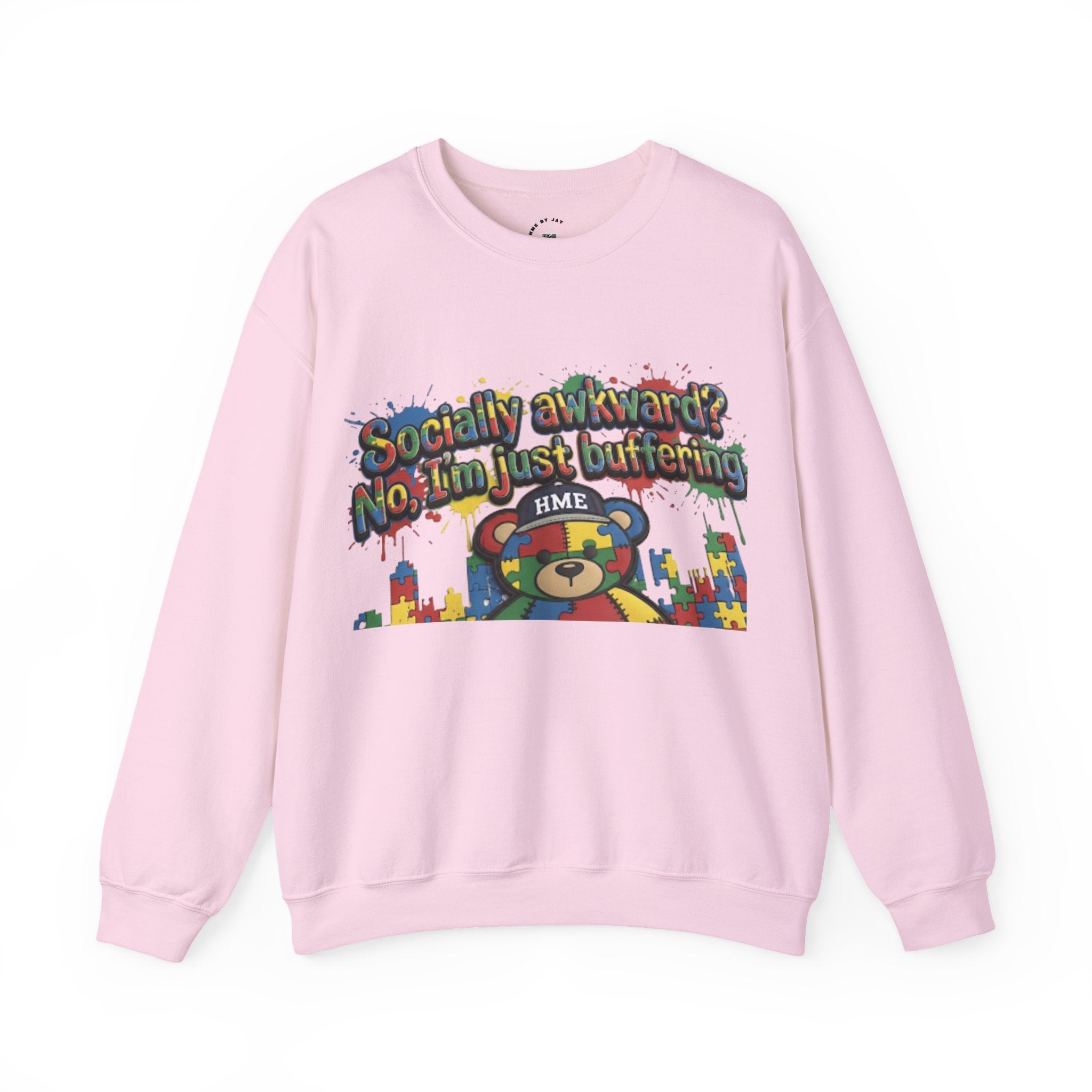 Autism Awareness Crewneck Sweatshirt — "Socially Awkward? No, I’m Just Buffering" Colorful Puzzle Bear Design