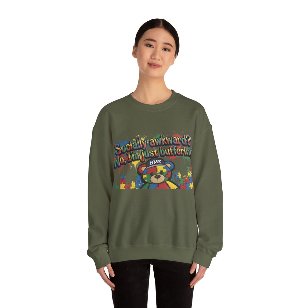 Autism Awareness Crewneck Sweatshirt — "Socially Awkward? No, I’m Just Buffering" Colorful Puzzle Bear Design