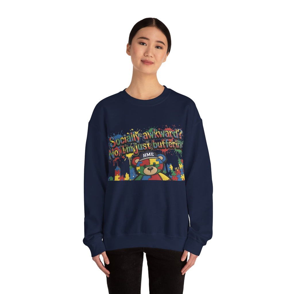 Autism Awareness Crewneck Sweatshirt — "Socially Awkward? No, I’m Just Buffering" Colorful Puzzle Bear Design