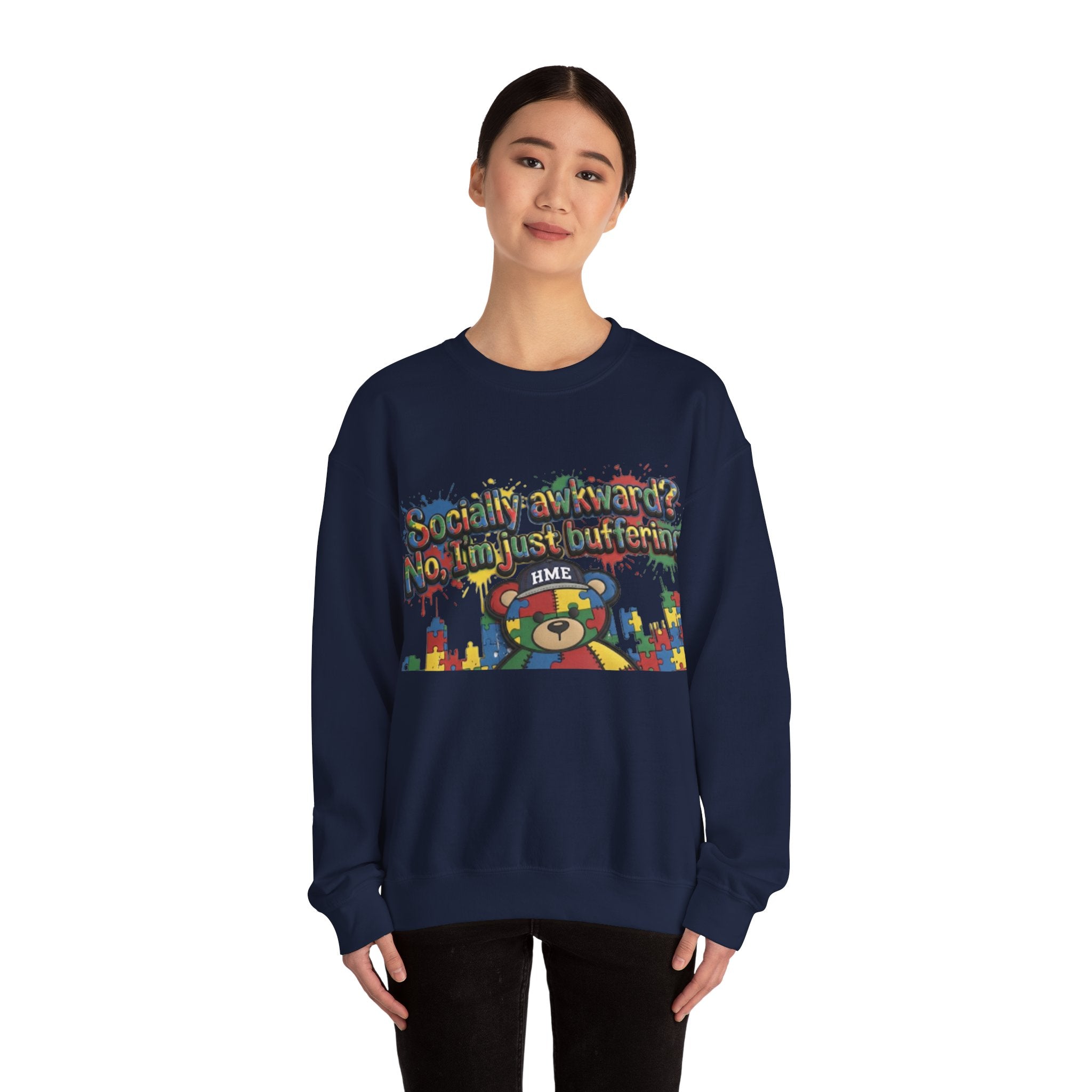 Autism Awareness Crewneck Sweatshirt — "Socially Awkward? No, I’m Just Buffering" Colorful Puzzle Bear Design