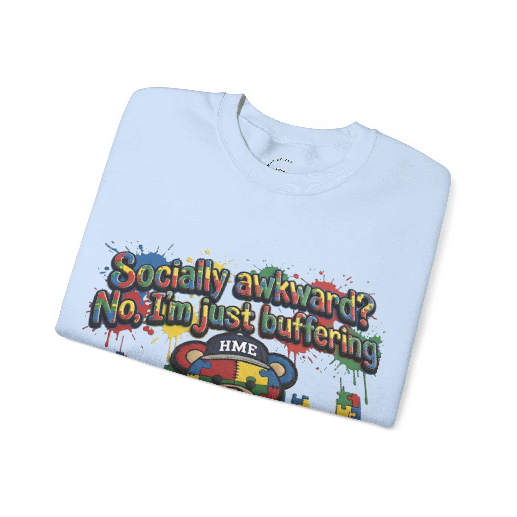 Autism Awareness Crewneck Sweatshirt — "Socially Awkward? No, I’m Just Buffering" Colorful Puzzle Bear Design