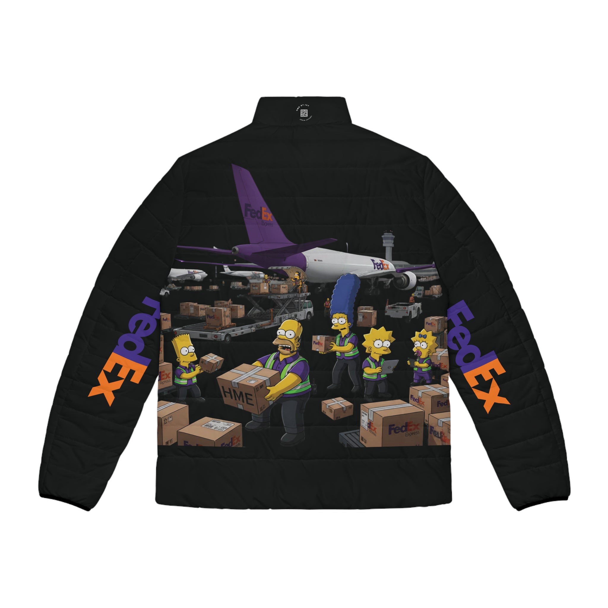 FedEx Simpsons Puffer Jacket — Cartoon Parcel Delivery Print
