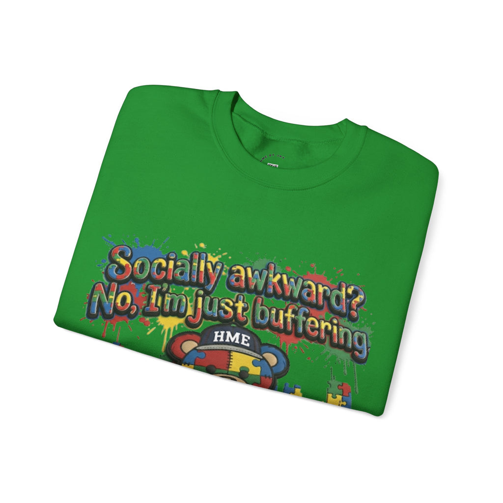 Autism Awareness Crewneck Sweatshirt — "Socially Awkward? No, I’m Just Buffering" Colorful Puzzle Bear Design