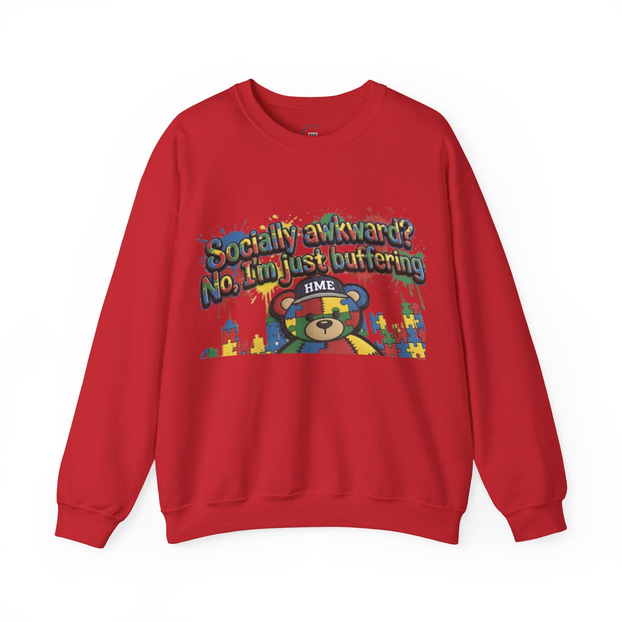 Autism Awareness Crewneck Sweatshirt — "Socially Awkward? No, I’m Just Buffering" Colorful Puzzle Bear Design